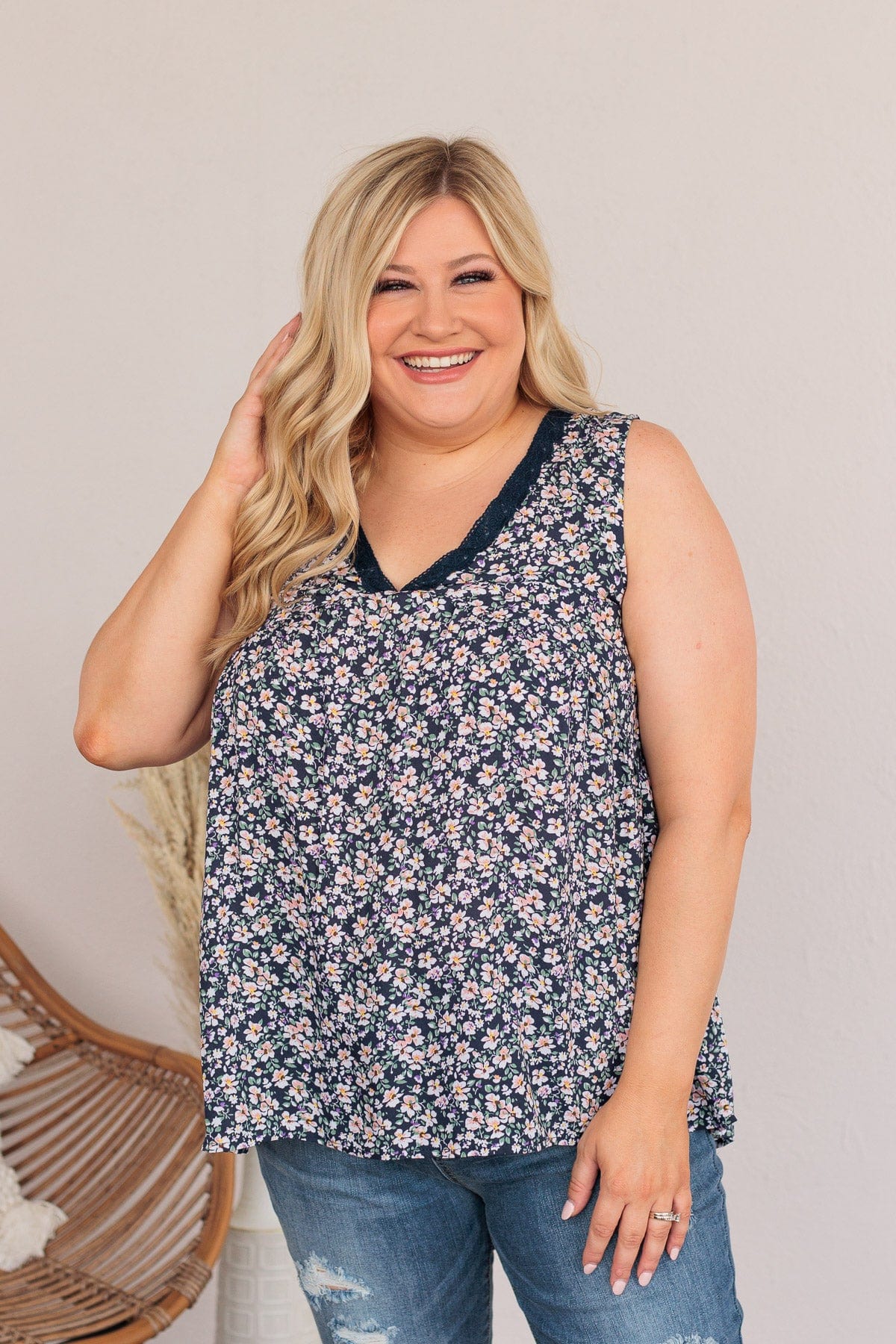 Garden Goddess Floral Tank- Navy - Image 2