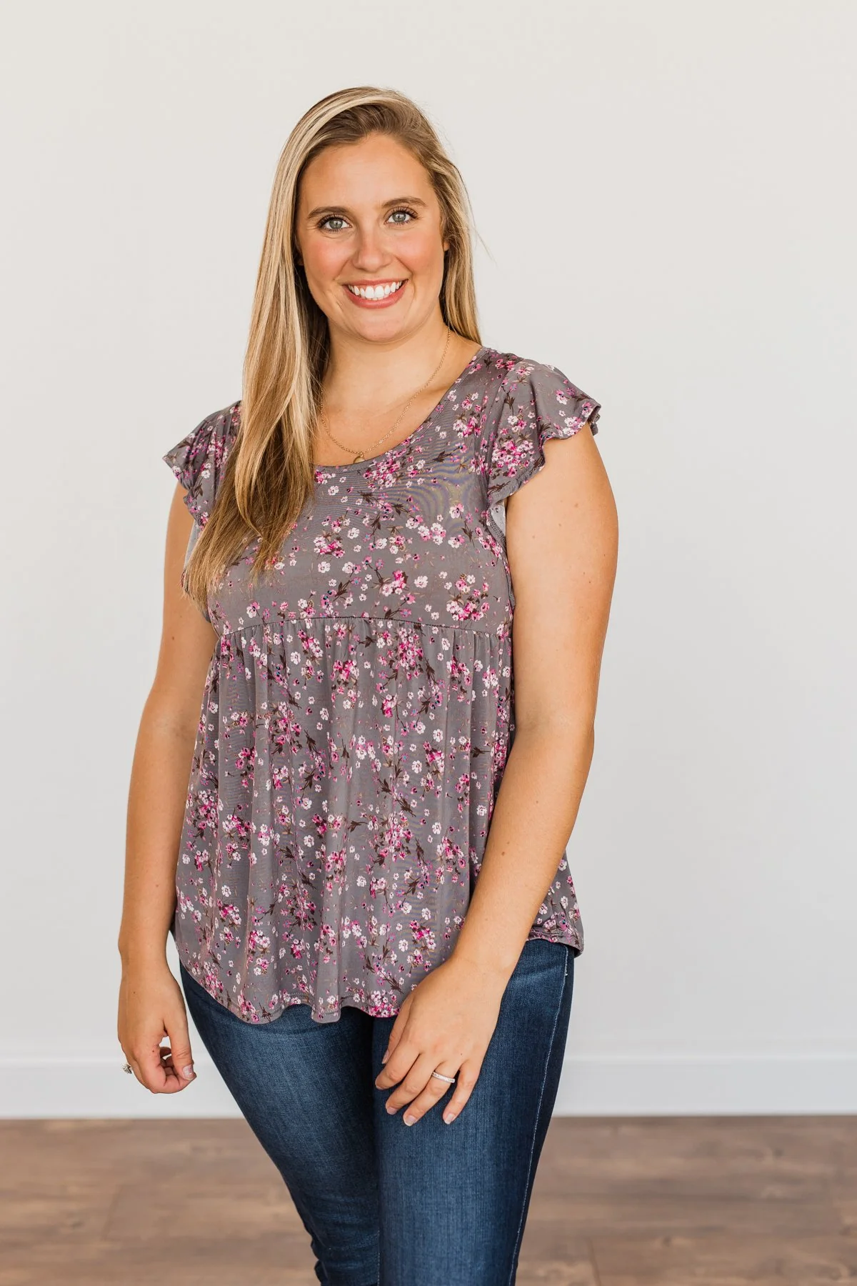 Gardens Of Flowers Floral Top- Grey & Pink - Image 7