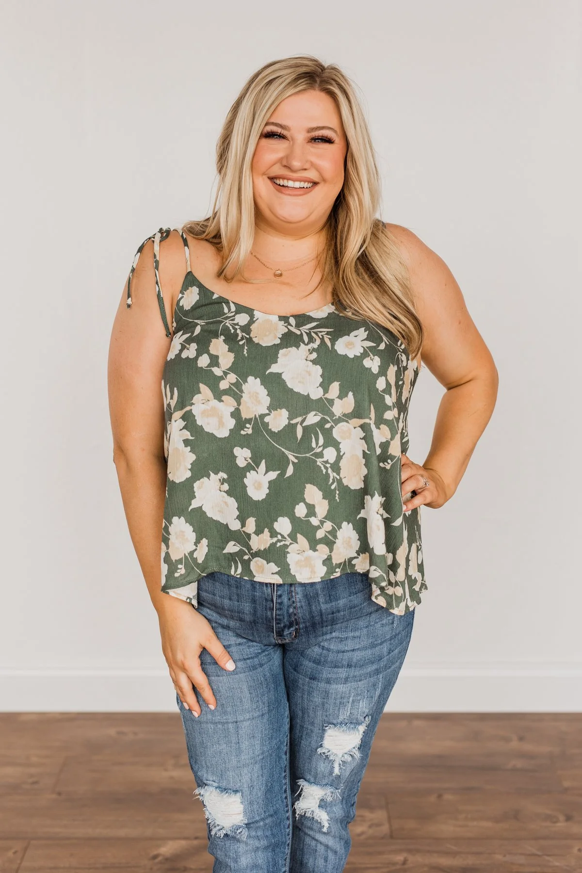 Gardens Of Roses Floral Tank Top- Dusty Olive - Image 2