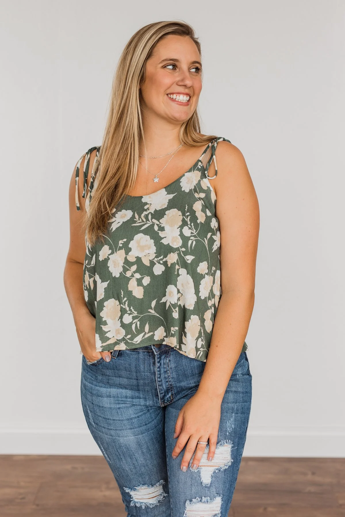 Gardens Of Roses Floral Tank Top- Dusty Olive - Image 4