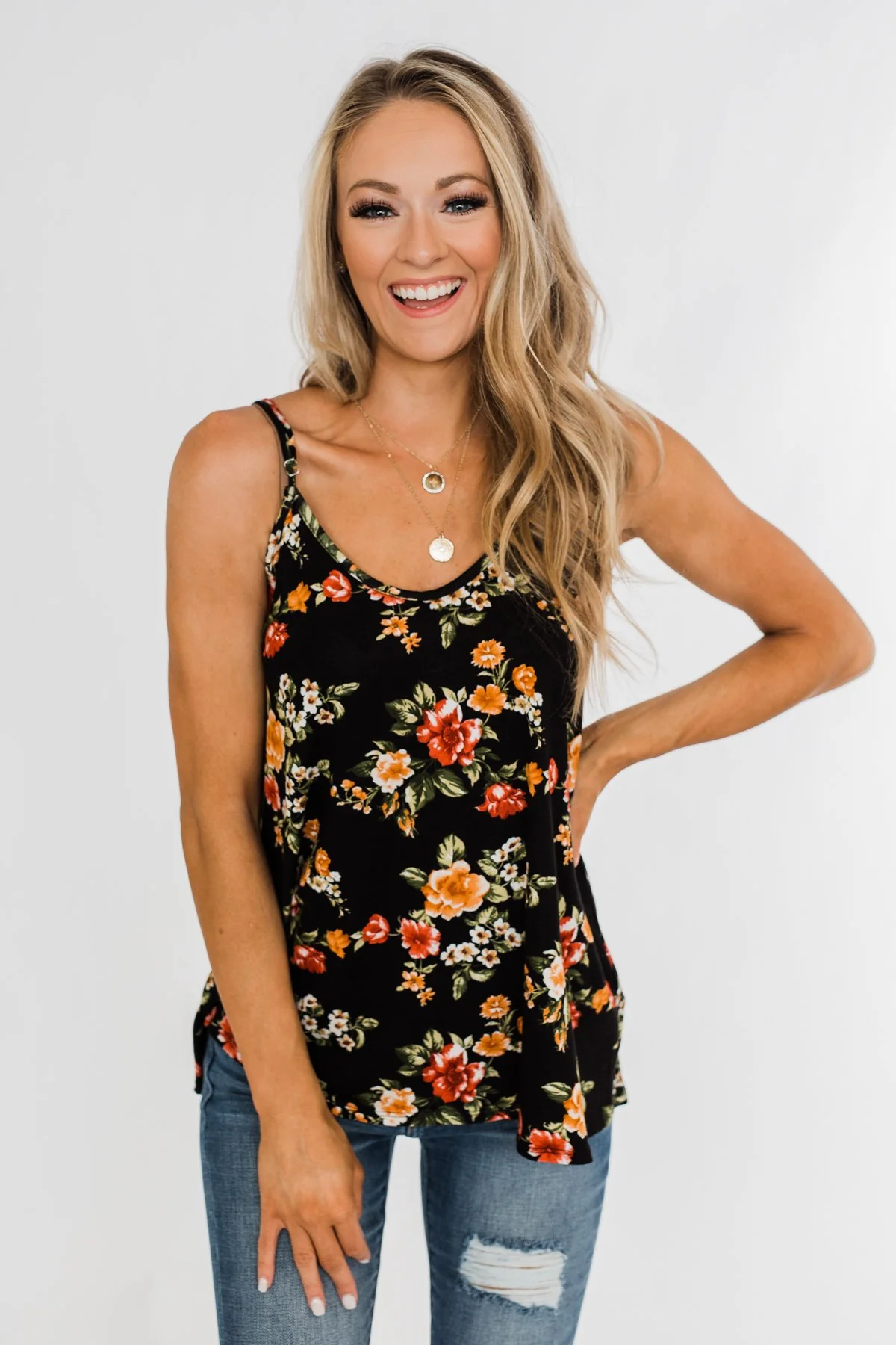 Gather Around Floral Tank Top- Black - Image 5