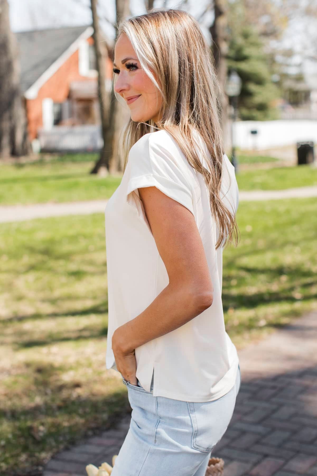 Gentle Love Short Sleeve V-Neck Top- Off White - Image 5