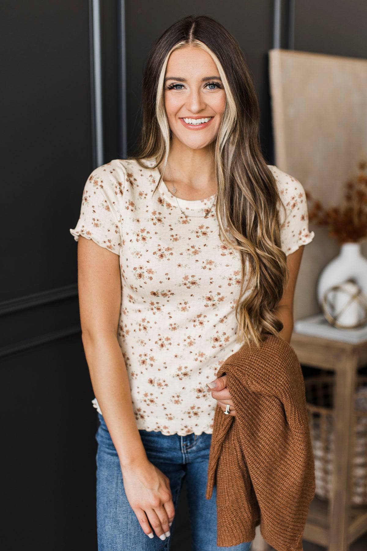 Genuine Feelings Floral Pointelle Top- Ivory & Camel - Image 4