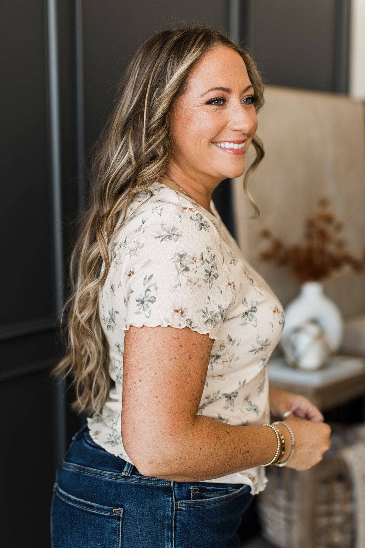Genuine Feelings Floral Pointelle Top- Ivory & Dusty Teal - Image 6