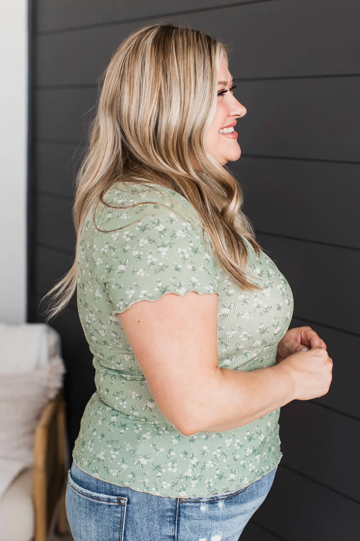 Genuine Feelings Short Sleeve Floral Top- Light Sage - Image 6