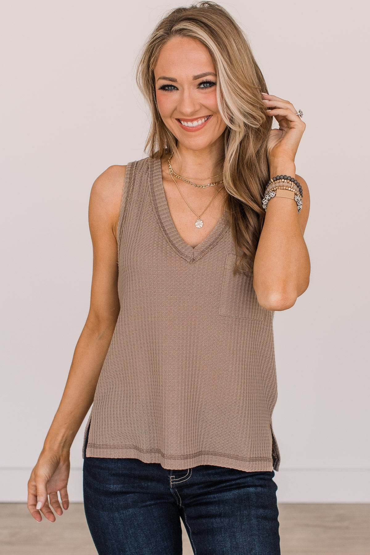 Genuine Smiles Waffle Knit Tank Top- Mocha - Image 2