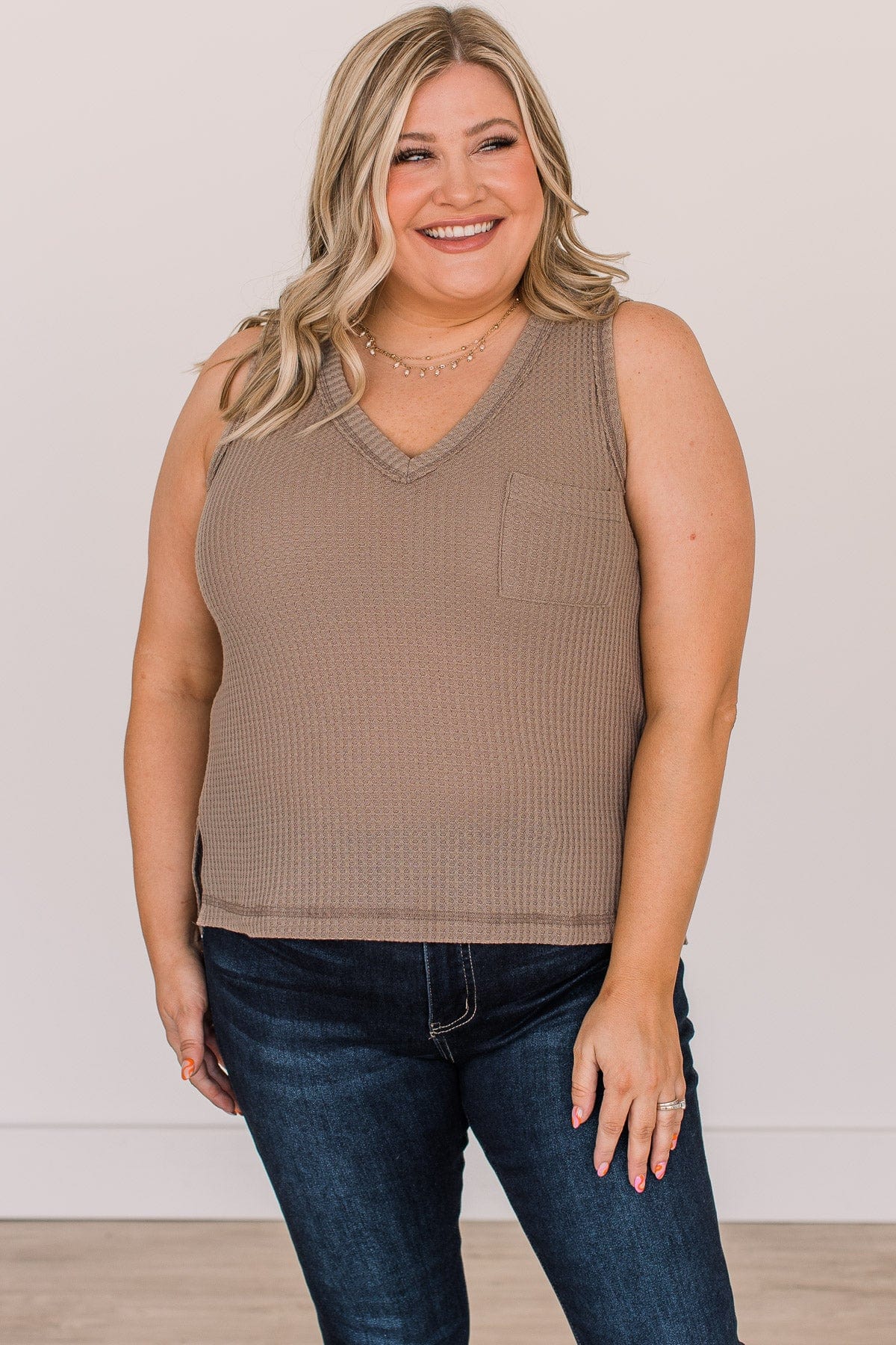 Genuine Smiles Waffle Knit Tank Top- Mocha - Image 3