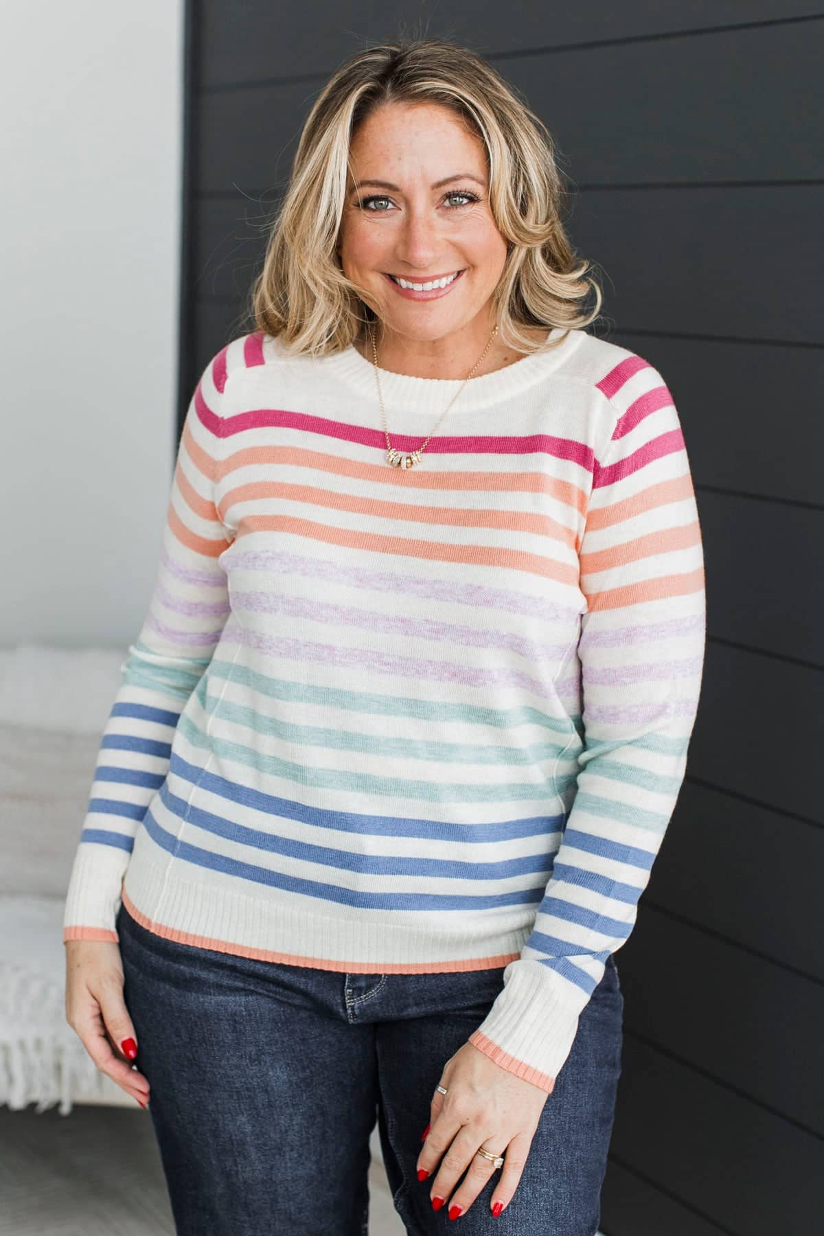 Genuinely Me Multi-Color Stripe Knit Sweater- Cream, Pink, & Orange - Image 2