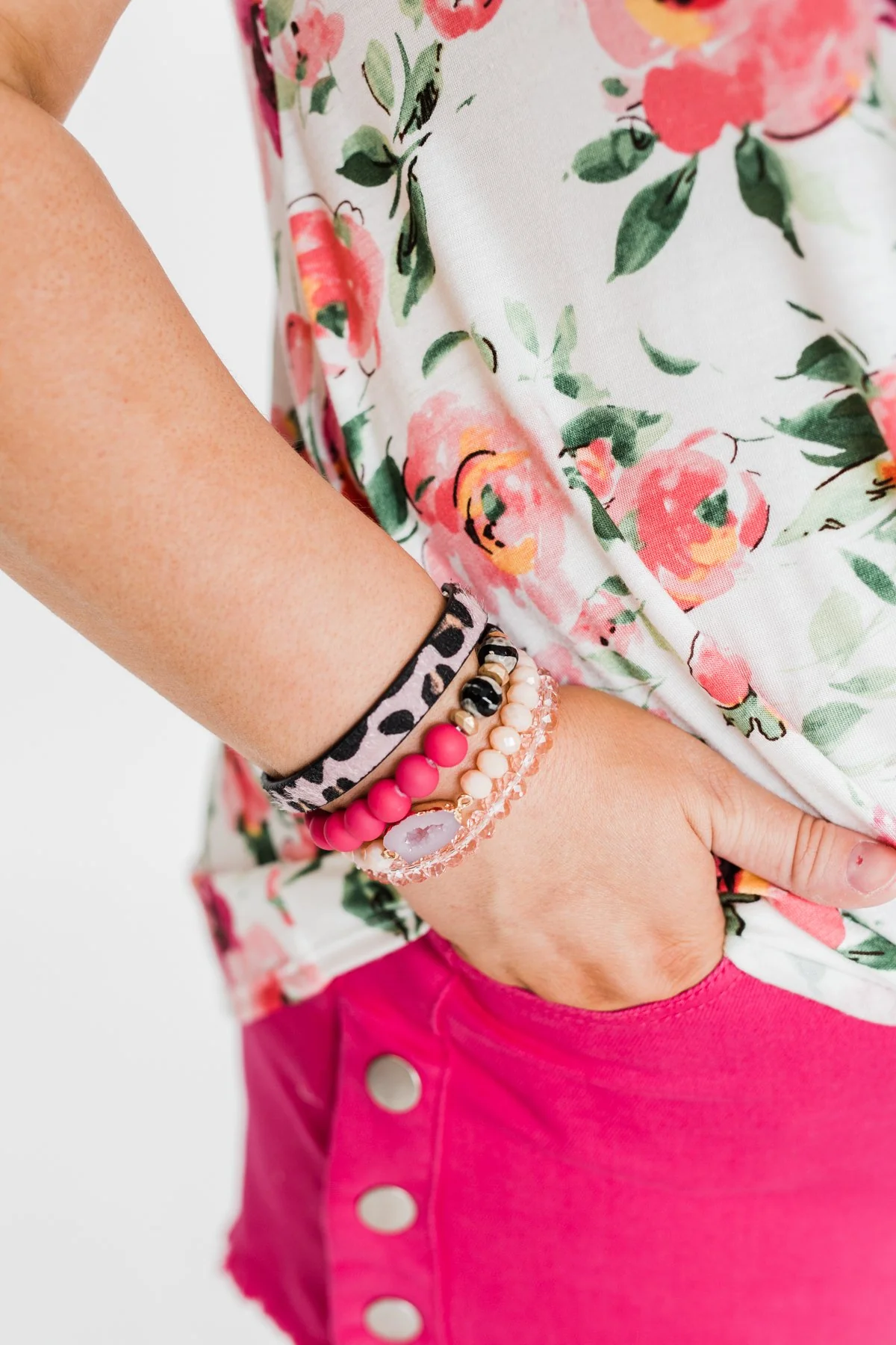 Geo Stone & Leopard Beaded Bracelet Set- Bright Pink - Image 3
