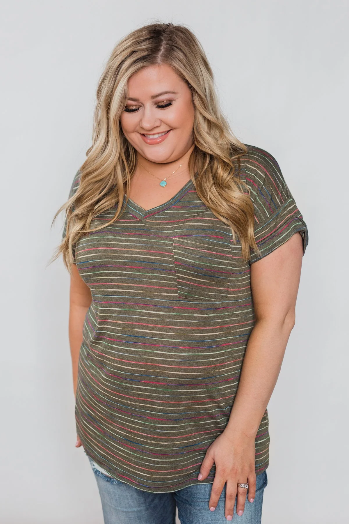 Get The Party Started Striped Pocket Tee - Dark Olive - Image 13