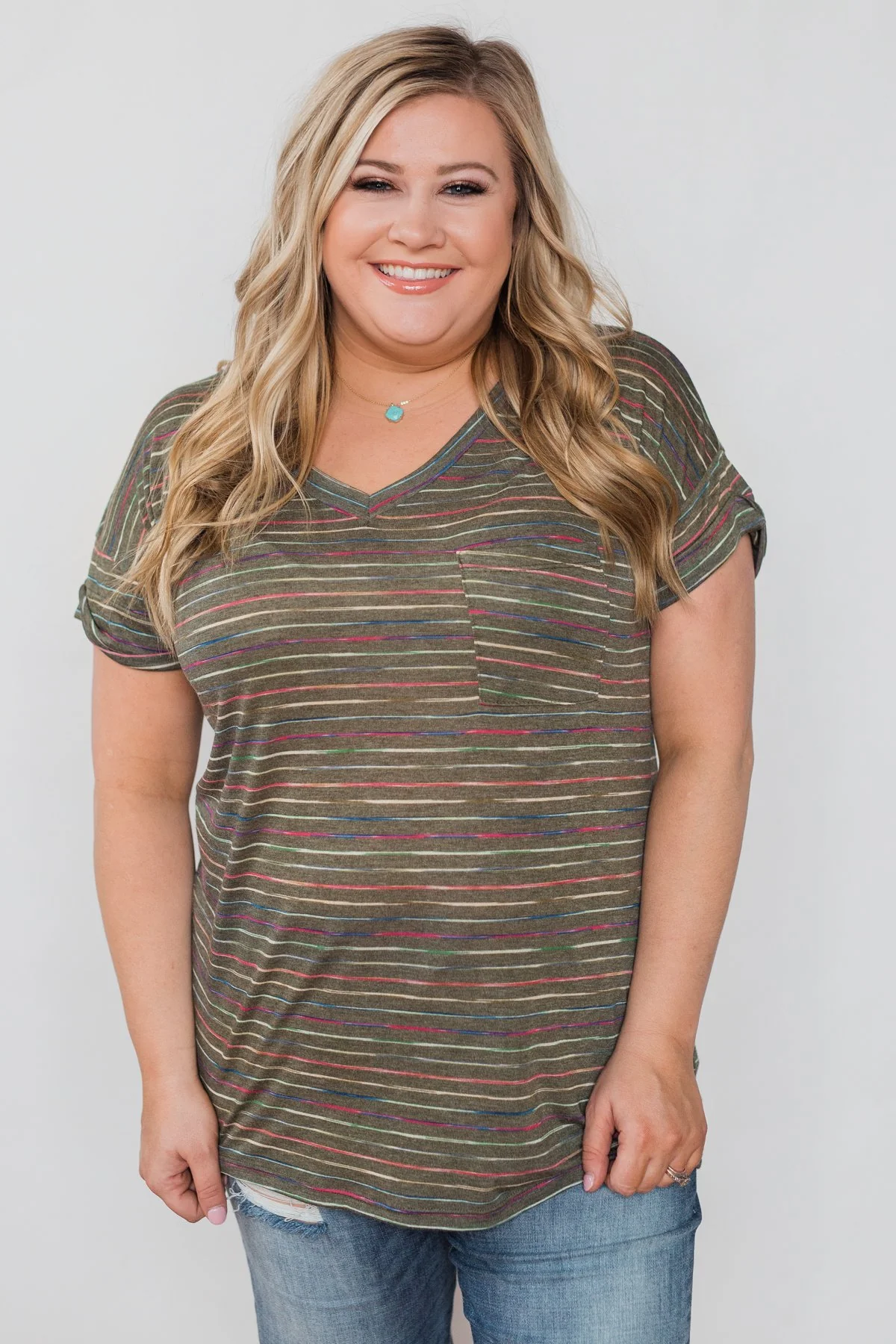 Get The Party Started Striped Pocket Tee - Dark Olive - Image 2