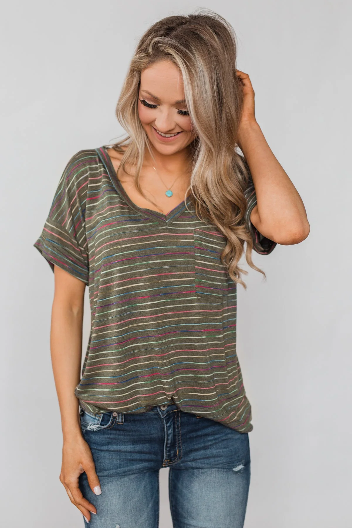 Get The Party Started Striped Pocket Tee - Dark Olive - Image 7