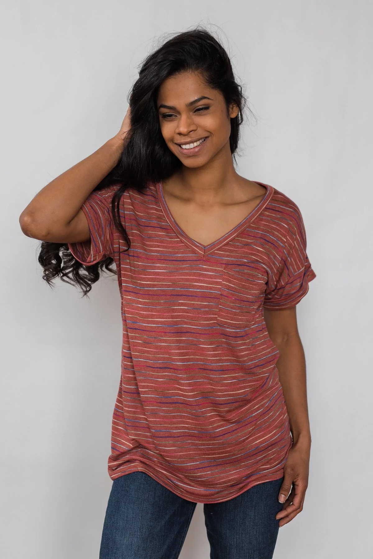 Get The Party Started Striped Pocket Tee - Brick - Image 16