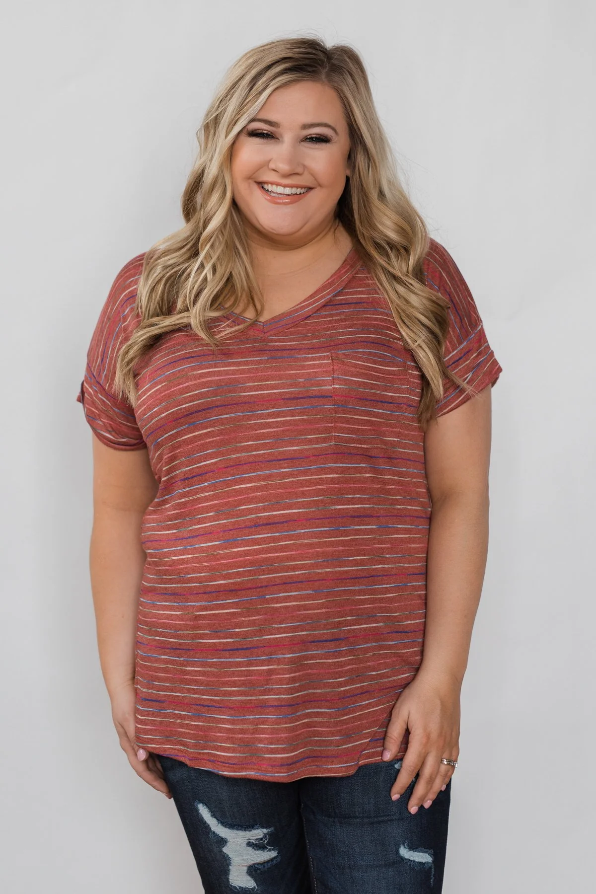 Get The Party Started Striped Pocket Tee - Brick - Image 2