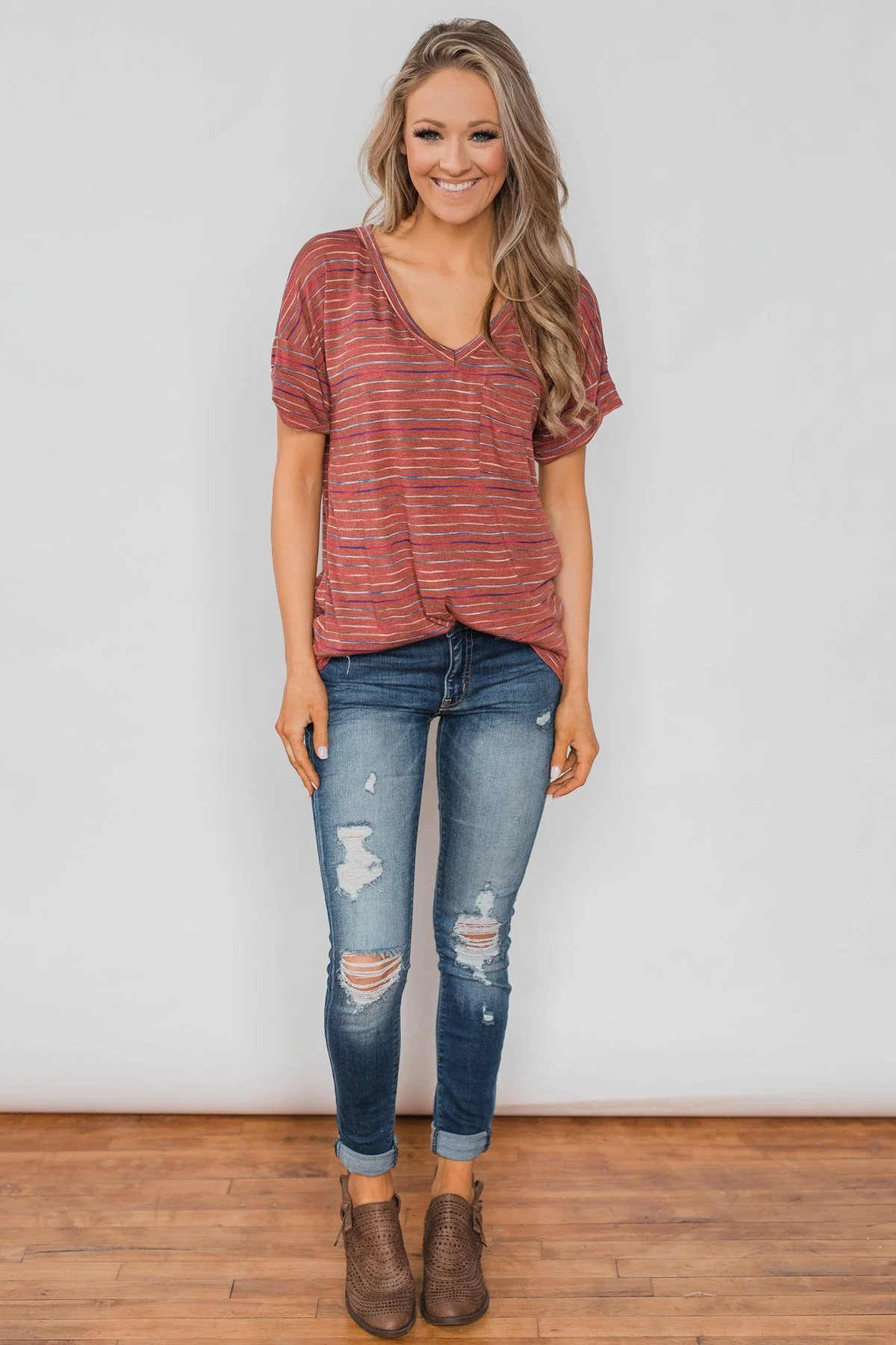Get The Party Started Striped Pocket Tee - Brick - Image 6