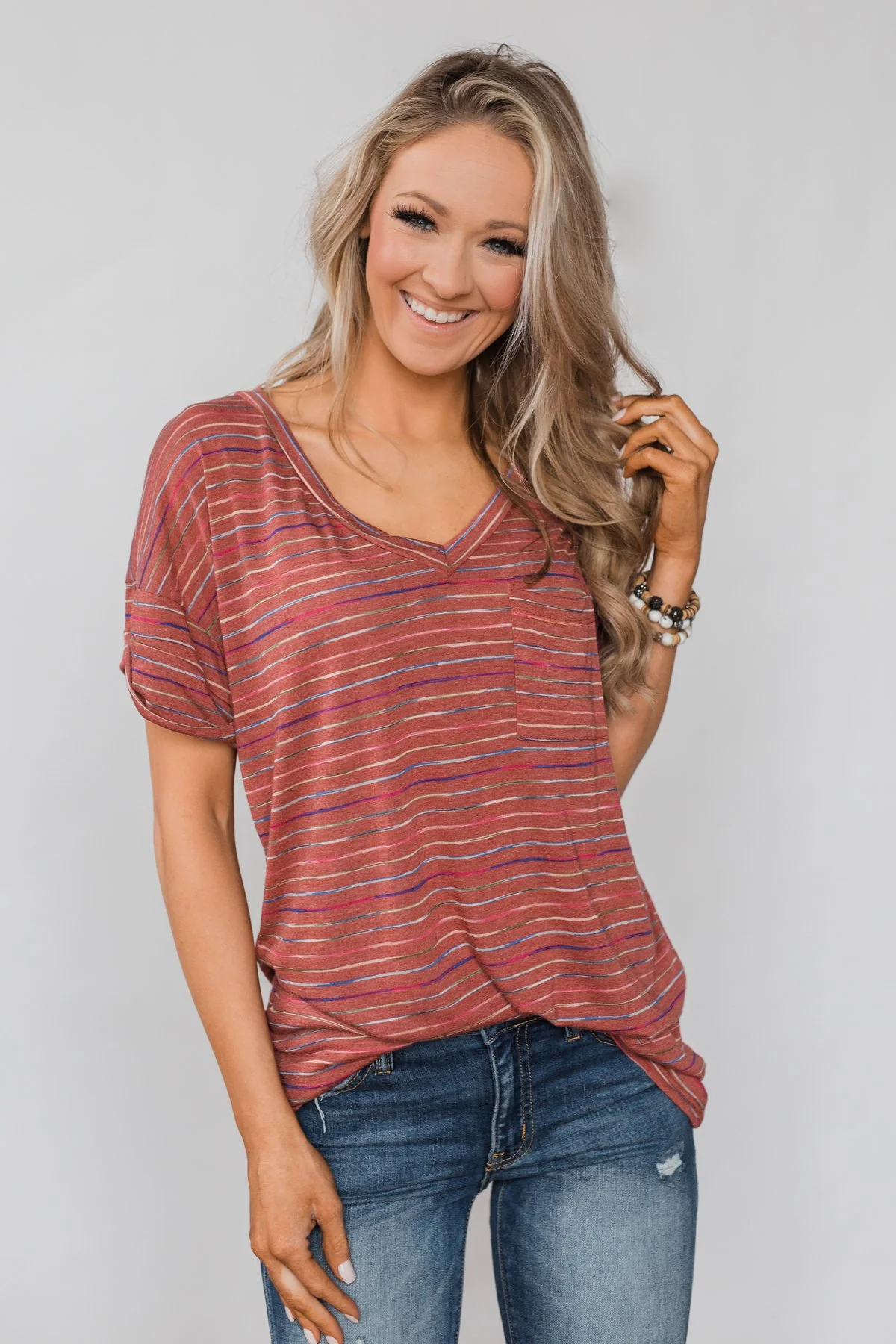 Get The Party Started Striped Pocket Tee - Brick - Image 8