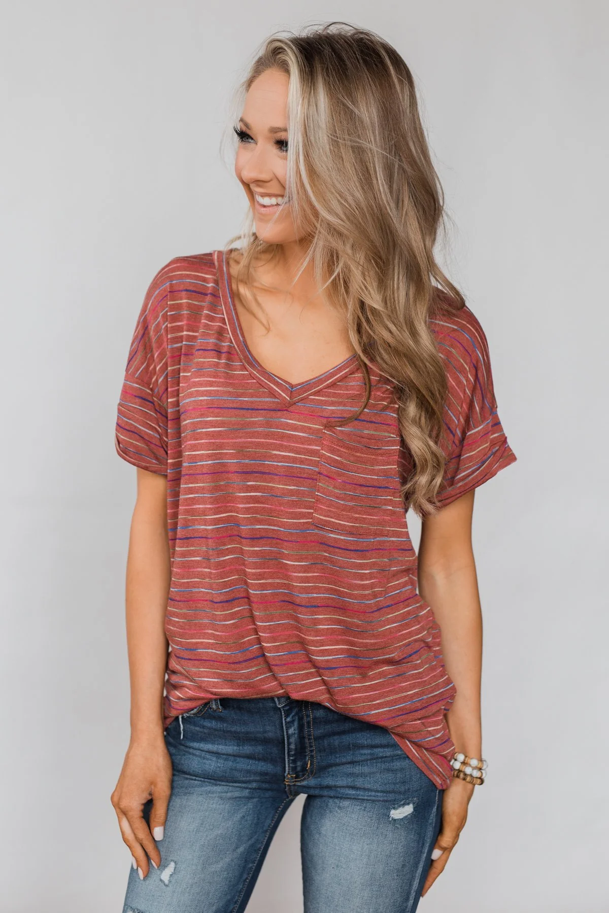 Get The Party Started Striped Pocket Tee - Brick - Image 9