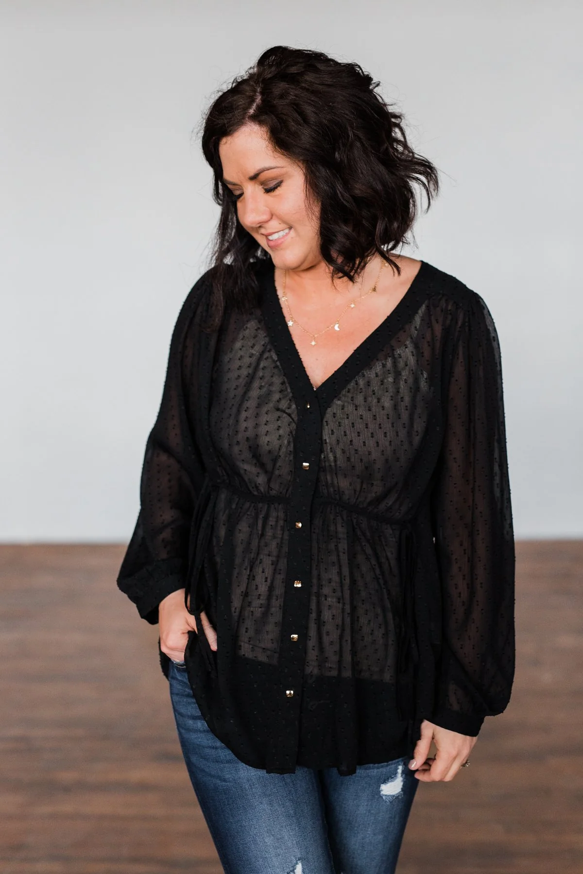 Get Together V-Neck Tie Blouse- Black - Image 3