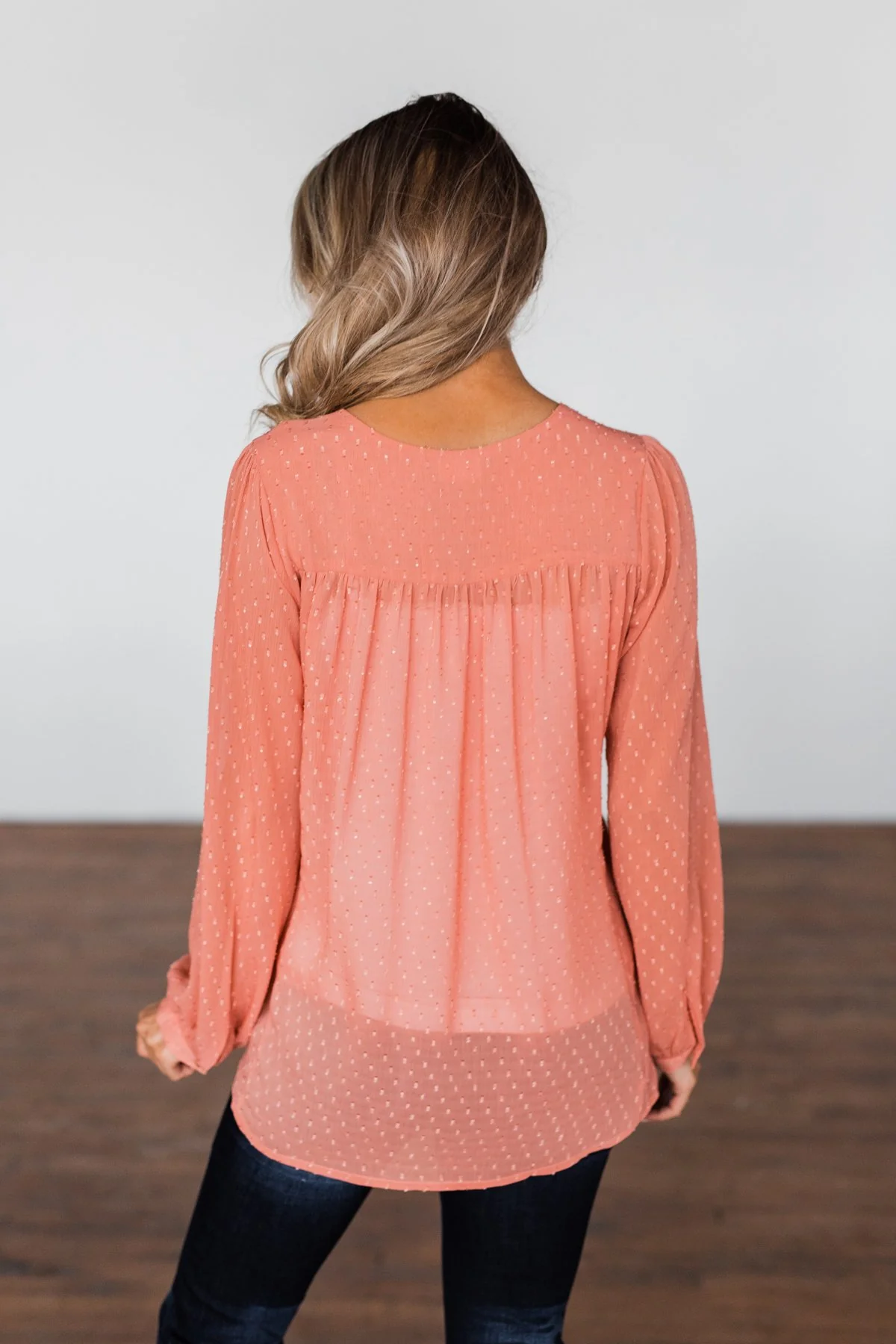 Get Together V-Neck Tie Blouse- Dusty Peach - Image 15