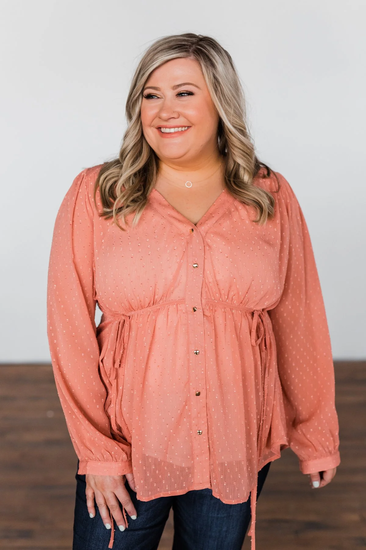 Get Together V-Neck Tie Blouse- Dusty Peach - Image 7