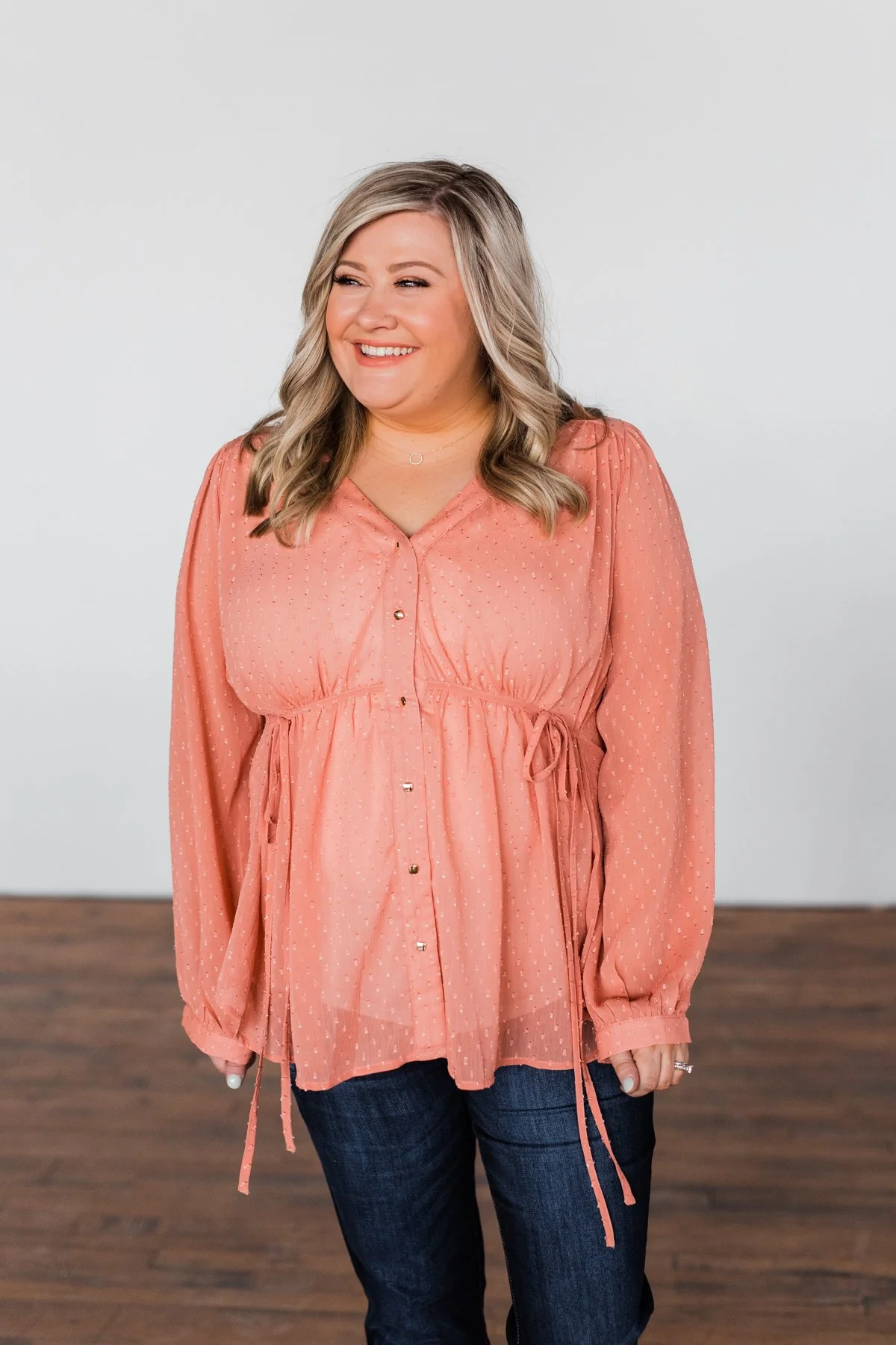 Get Together V-Neck Tie Blouse- Dusty Peach - Image 9