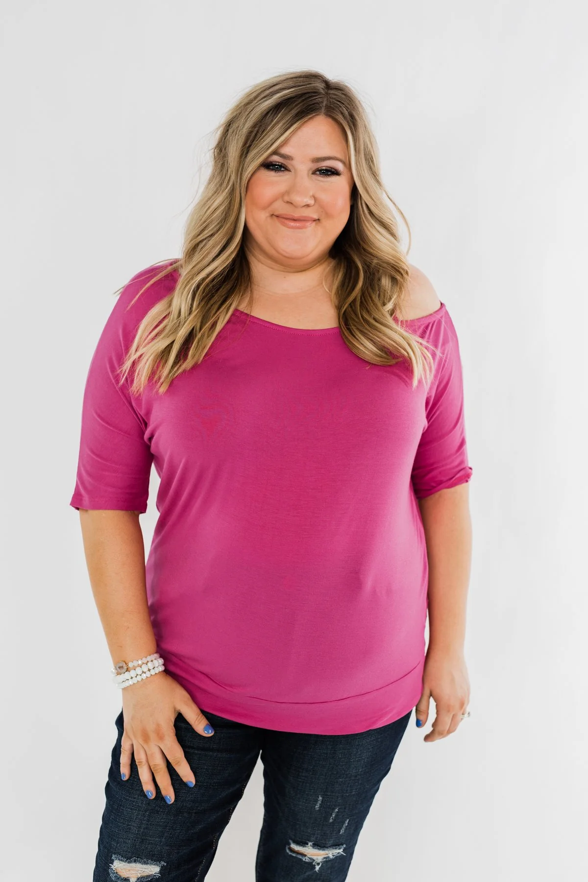 Gets What She Wants Cold Shoulder Top- Fuchsia - Image 5