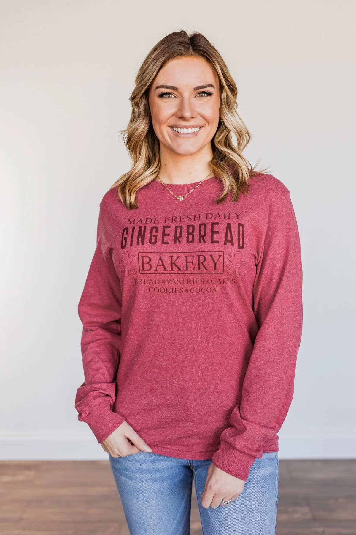 "Gingerbread Bakery" Graphic Long Sleeve Top- Red - Image 3
