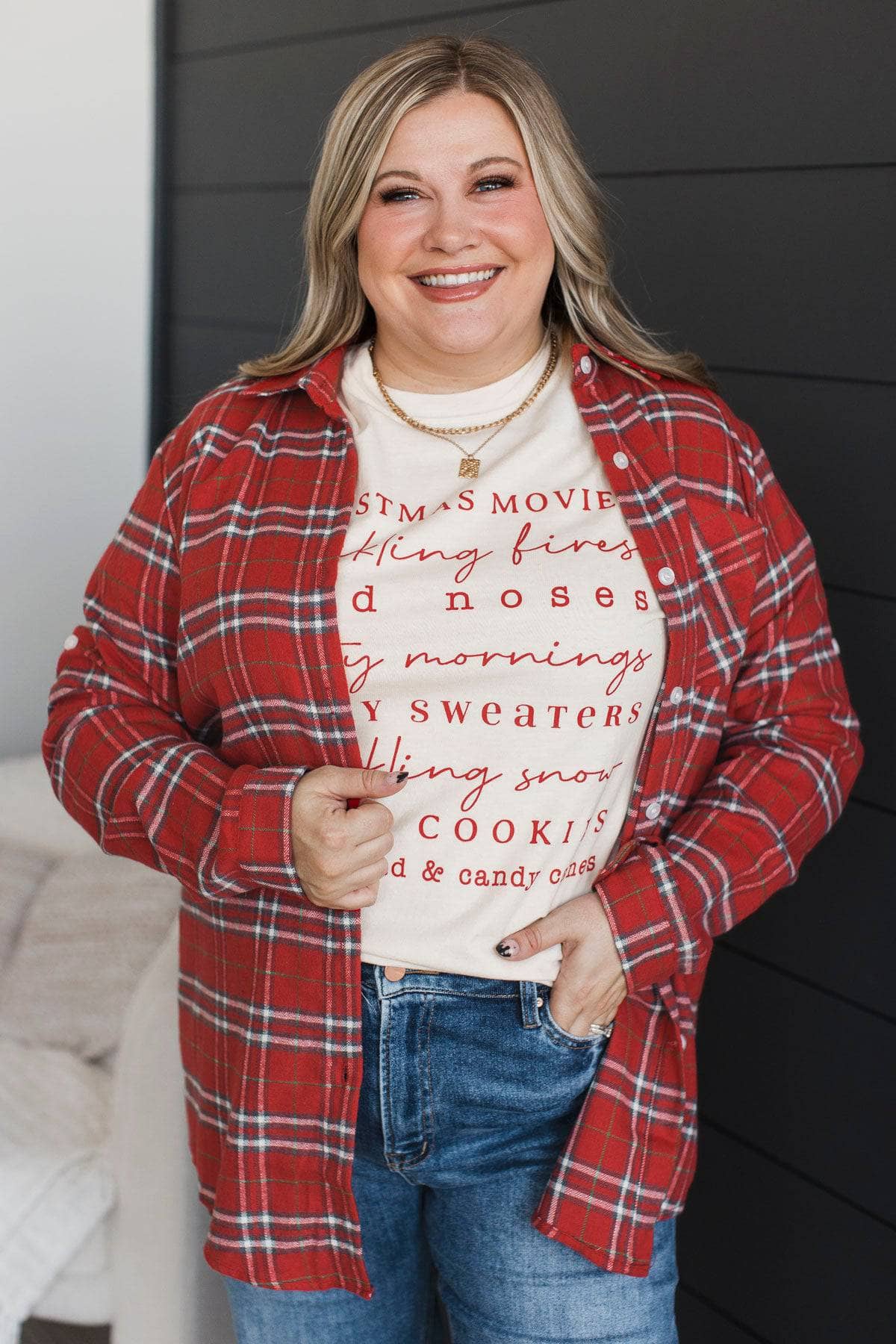 Gingerbread Hugs Plaid Button Down- Red - Image 2