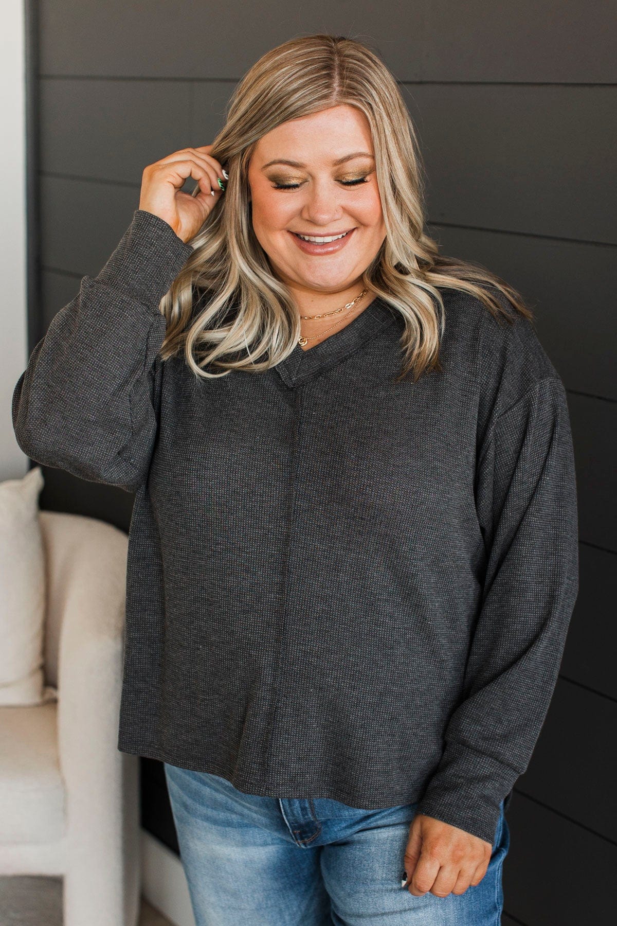 Give A Little Love V-Neck Top- Charcoal - Image 3