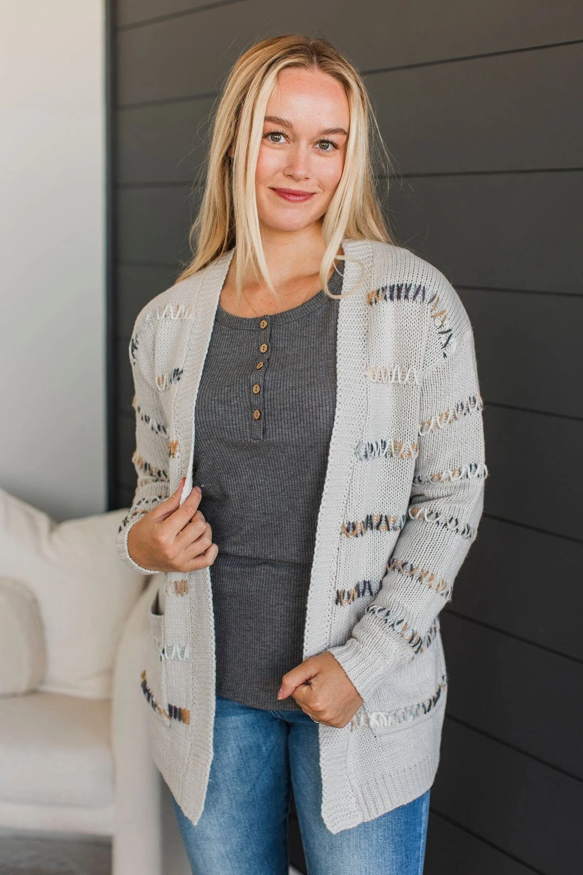 Give It A Shot Striped Cardigan- Light Grey