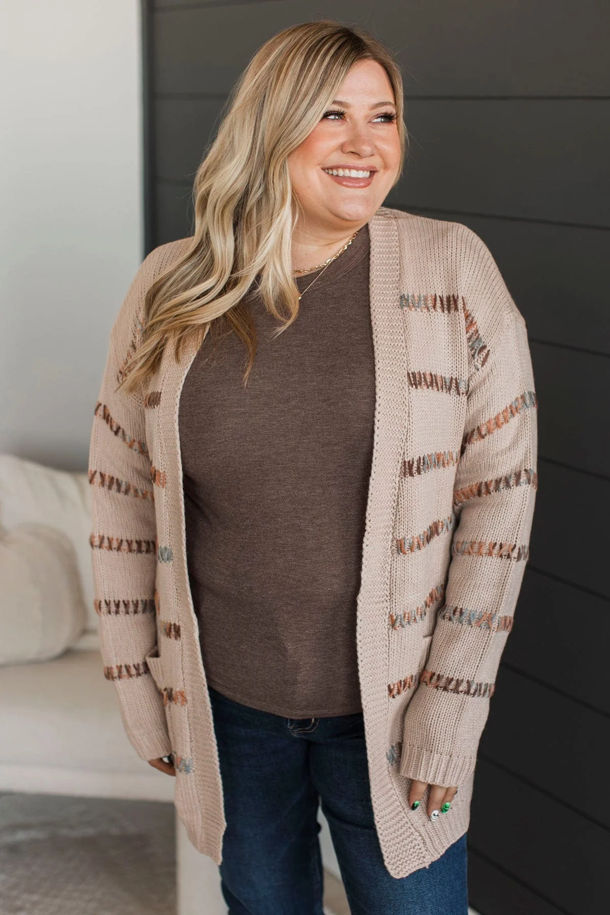 Give It A Shot Striped Cardigan- Light Mocha - Image 2