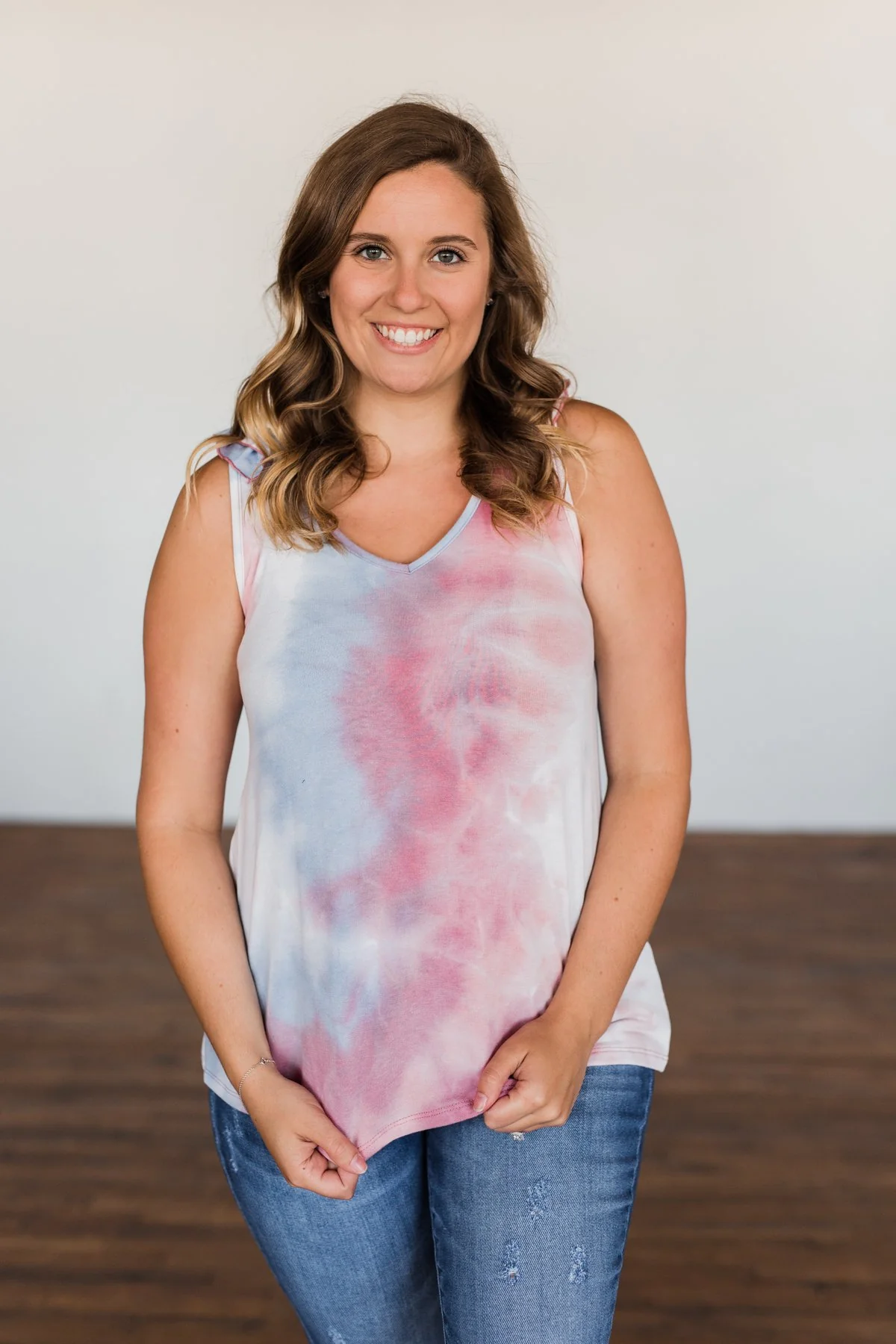 Give Me A Reason Tie Dye Ruffle Tank Top- Peach, Blue, Ivory - Image 2