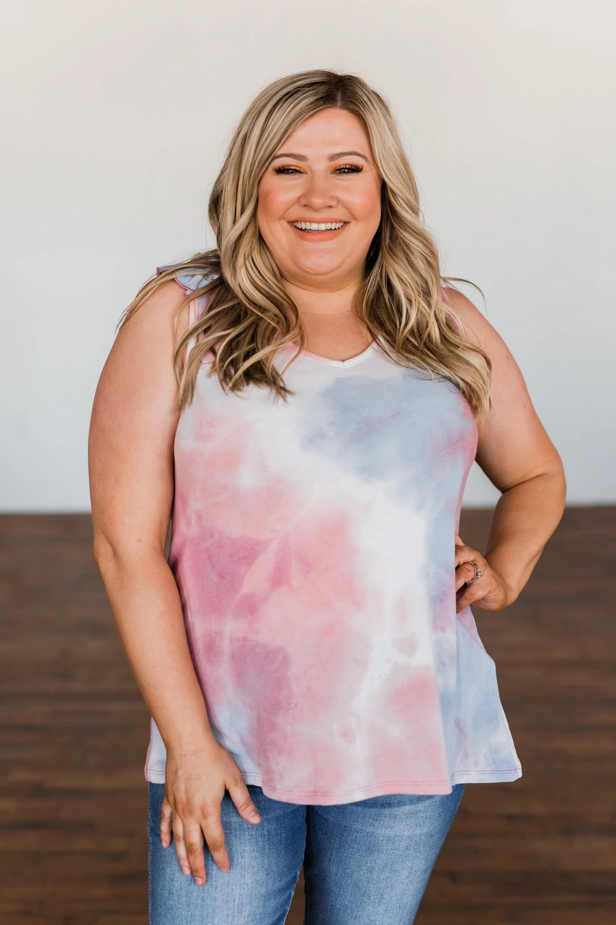 Give Me A Reason Tie Dye Ruffle Tank Top- Peach, Blue, Ivory - Image 3