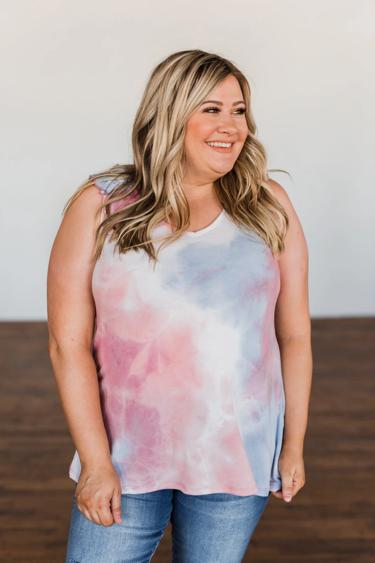 Give Me A Reason Tie Dye Ruffle Tank Top- Peach, Blue, Ivory - Image 6