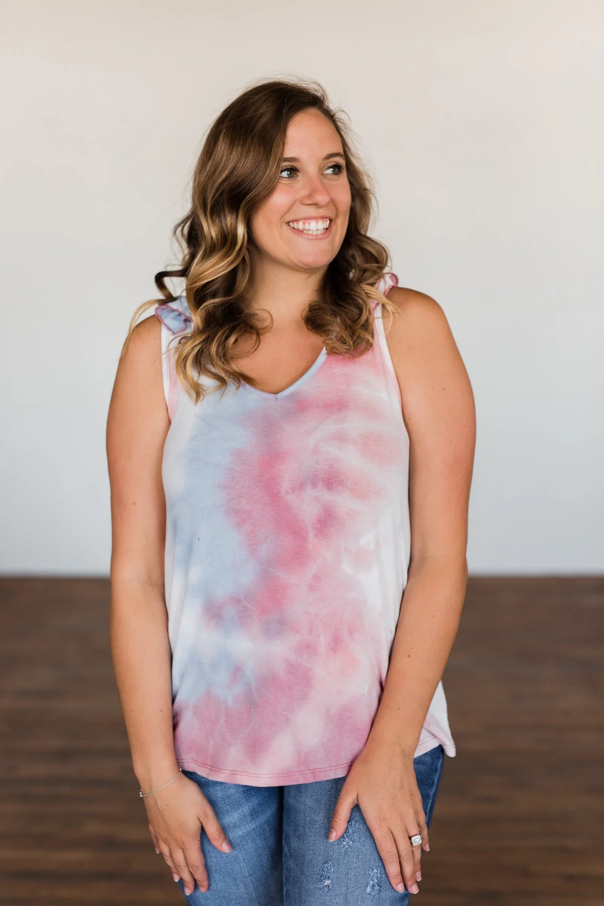 Give Me A Reason Tie Dye Ruffle Tank Top- Peach, Blue, Ivory - Image 8