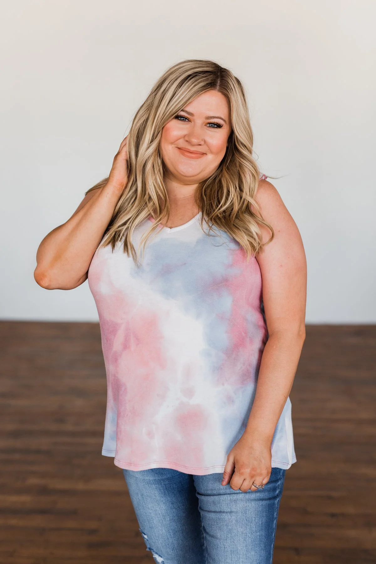 Give Me A Reason Tie Dye Ruffle Tank Top- Peach, Blue, Ivory - Image 9