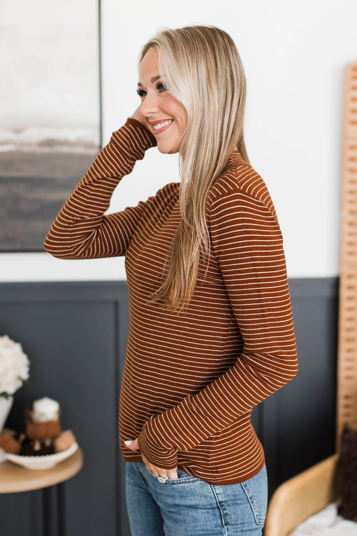 Give Me More Striped Mock Neck Sweater- Copper - Image 6