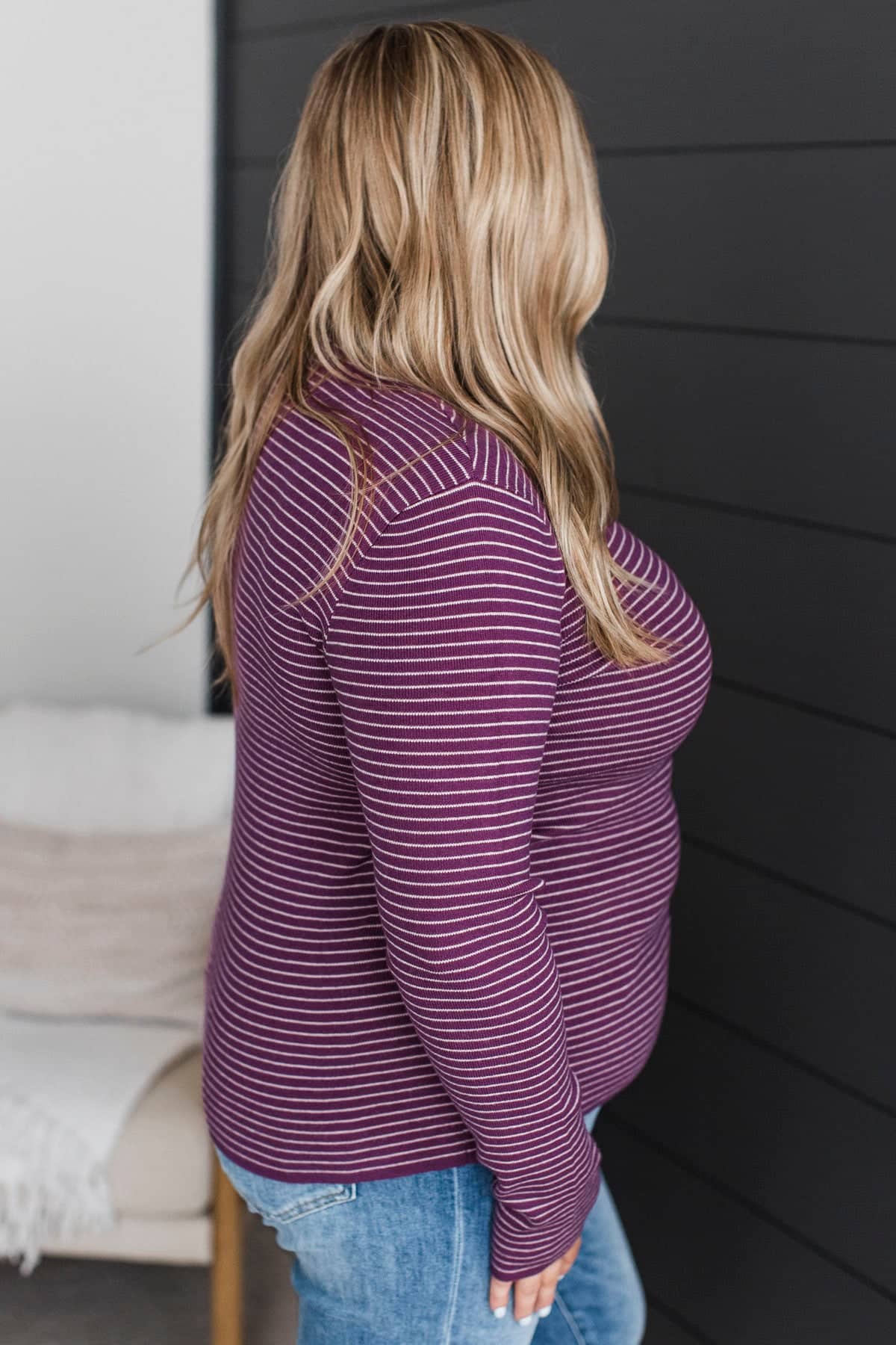 Give Me More Striped Mock Neck Sweater- Dark Magenta - Image 5