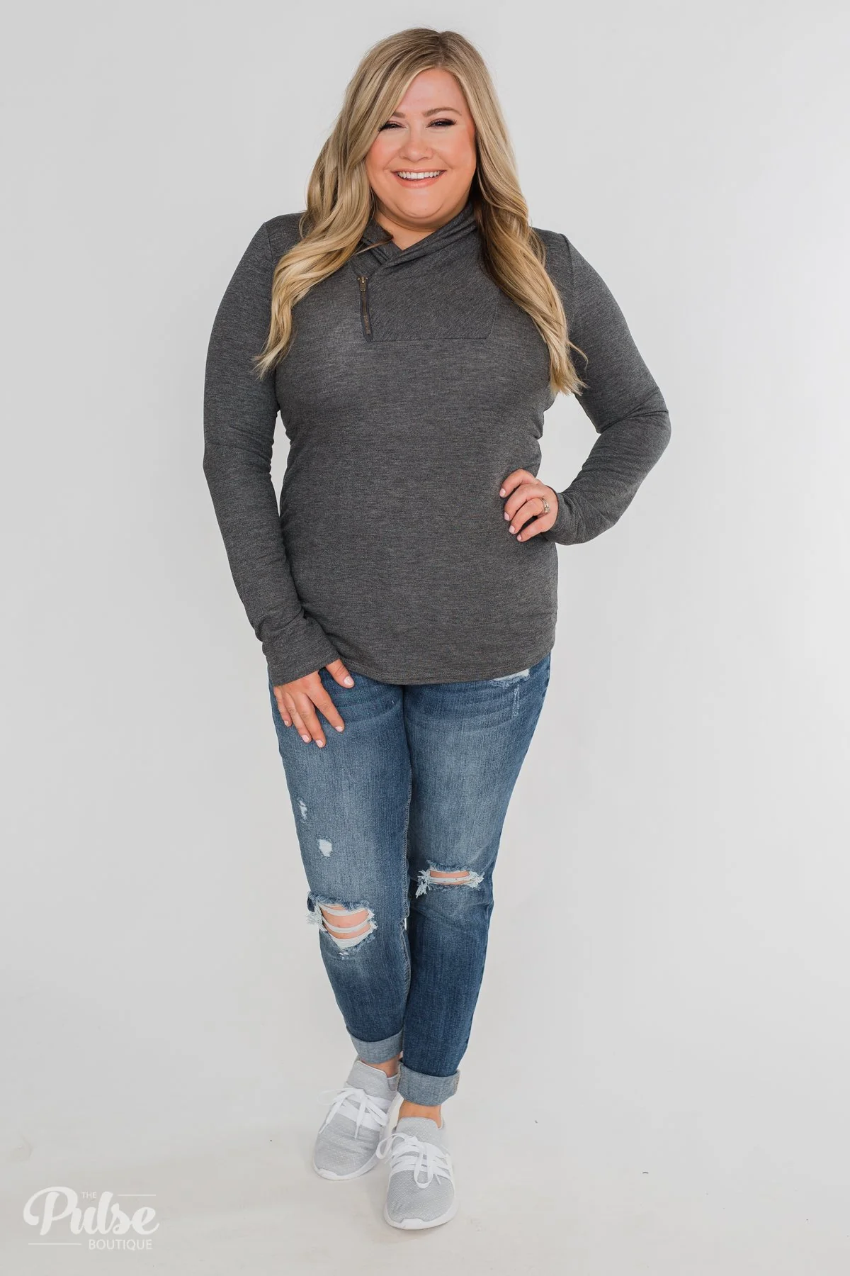 Give Me Time Zipper Pullover Top- Charcoal - Image 4