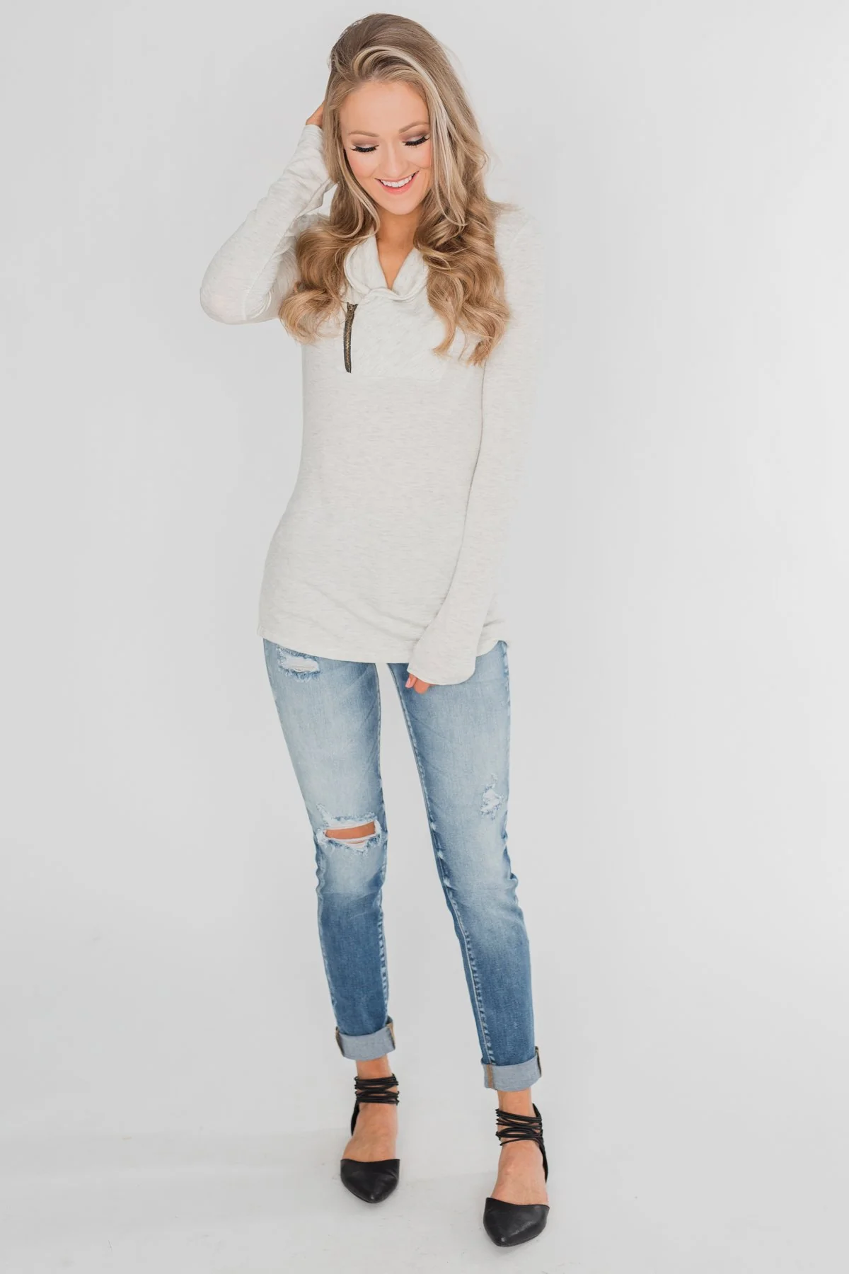 Give Me Time Zipper Pullover Top - Cream - Image 10