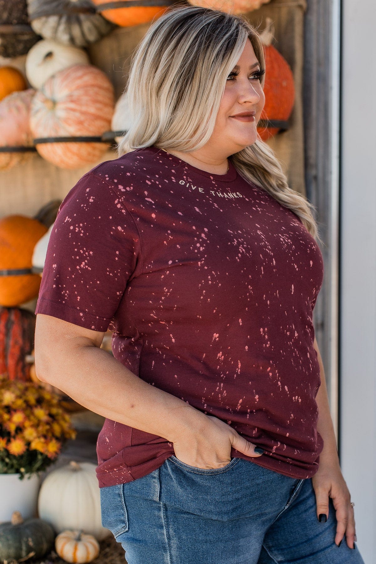 "Give Thanks" Bleached Graphic Tee- Burgundy - Image 6