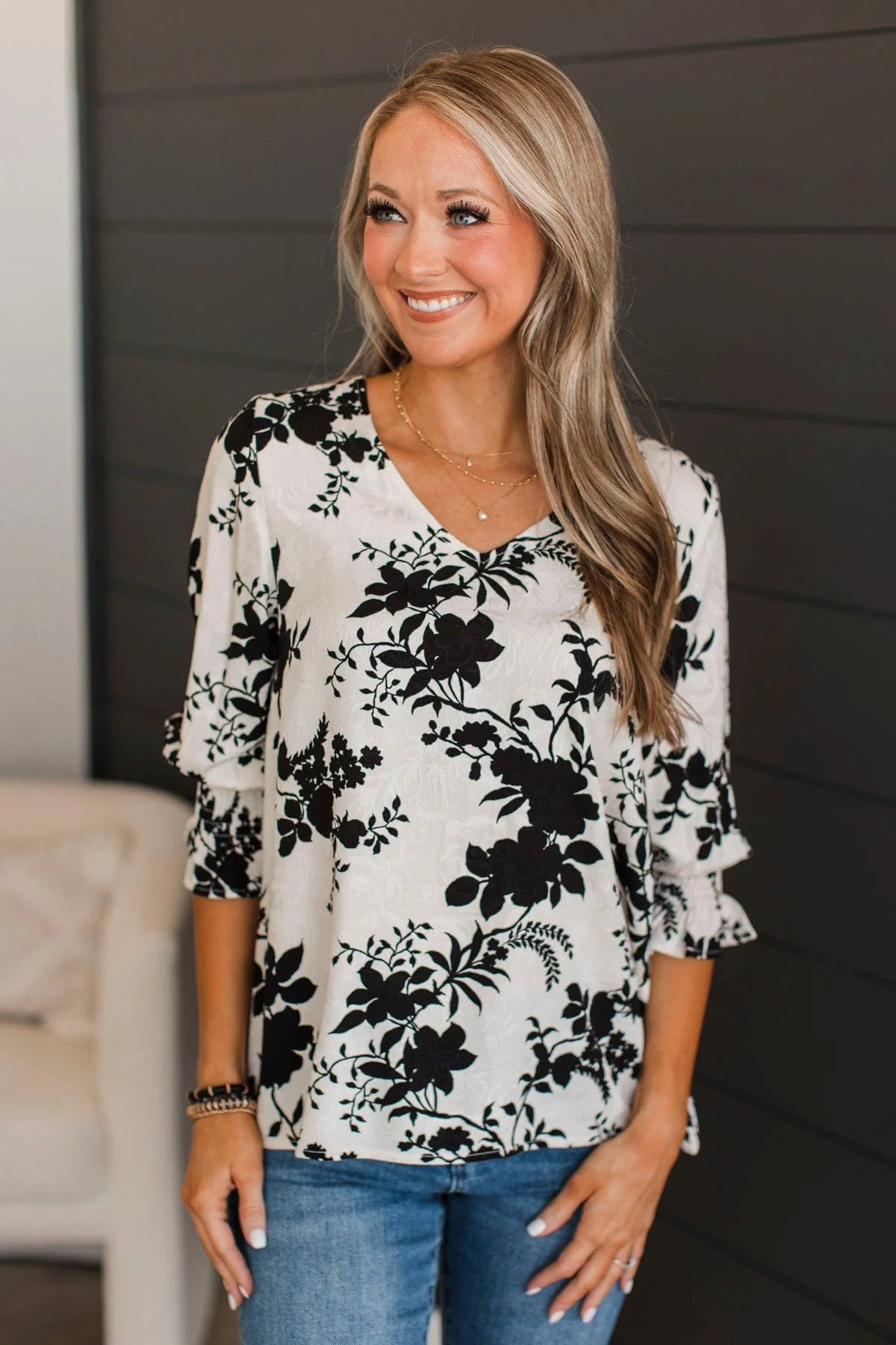 Give You Love Floral Jacquard Blouse- Ivory & Black