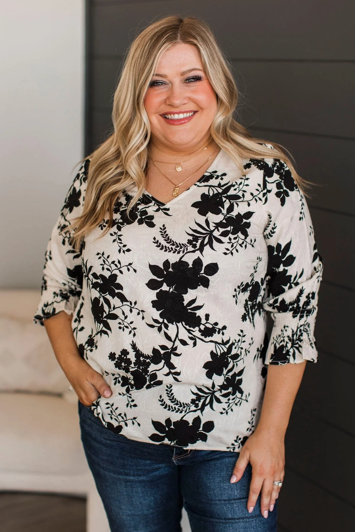 Give You Love Floral Jacquard Blouse- Ivory & Black - Image 2