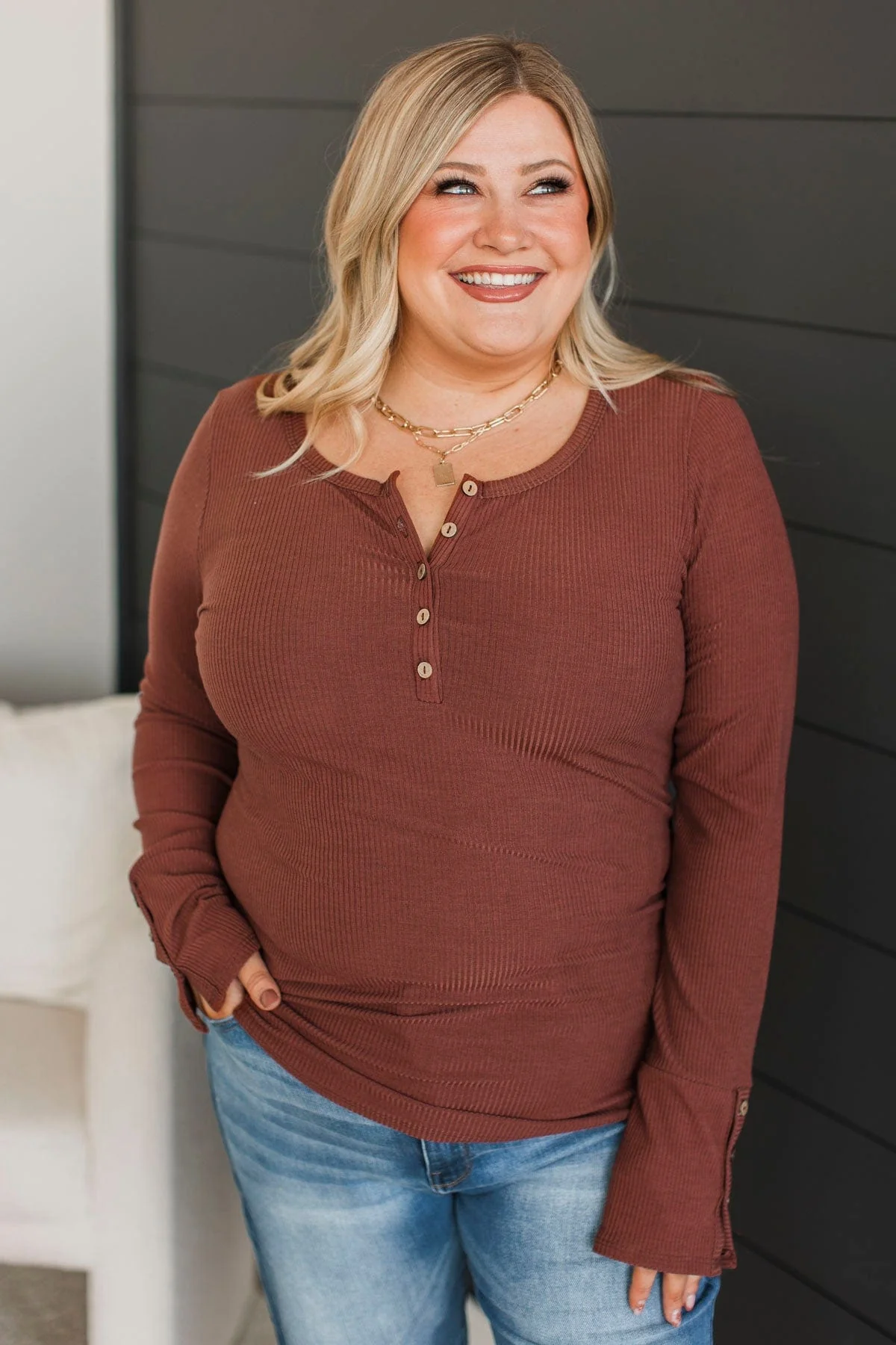 Give Your Best Henley Top- Red Brown - Image 2