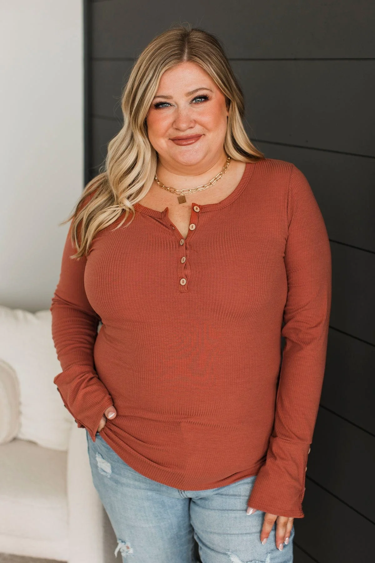 Give Your Best Henley Top- Terracotta - Image 4
