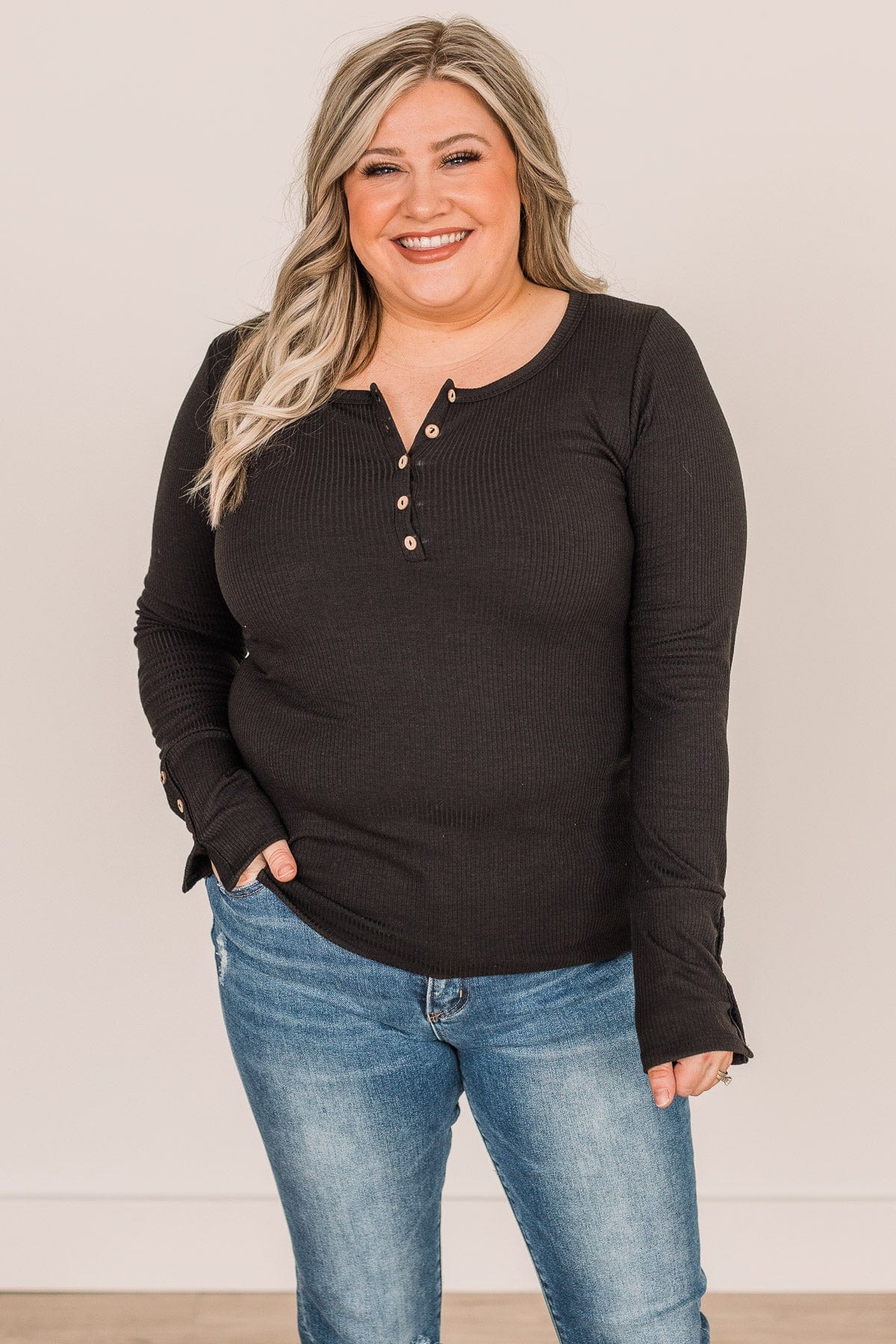Give Your Best Long Sleeve Henley Top- Black - Image 2