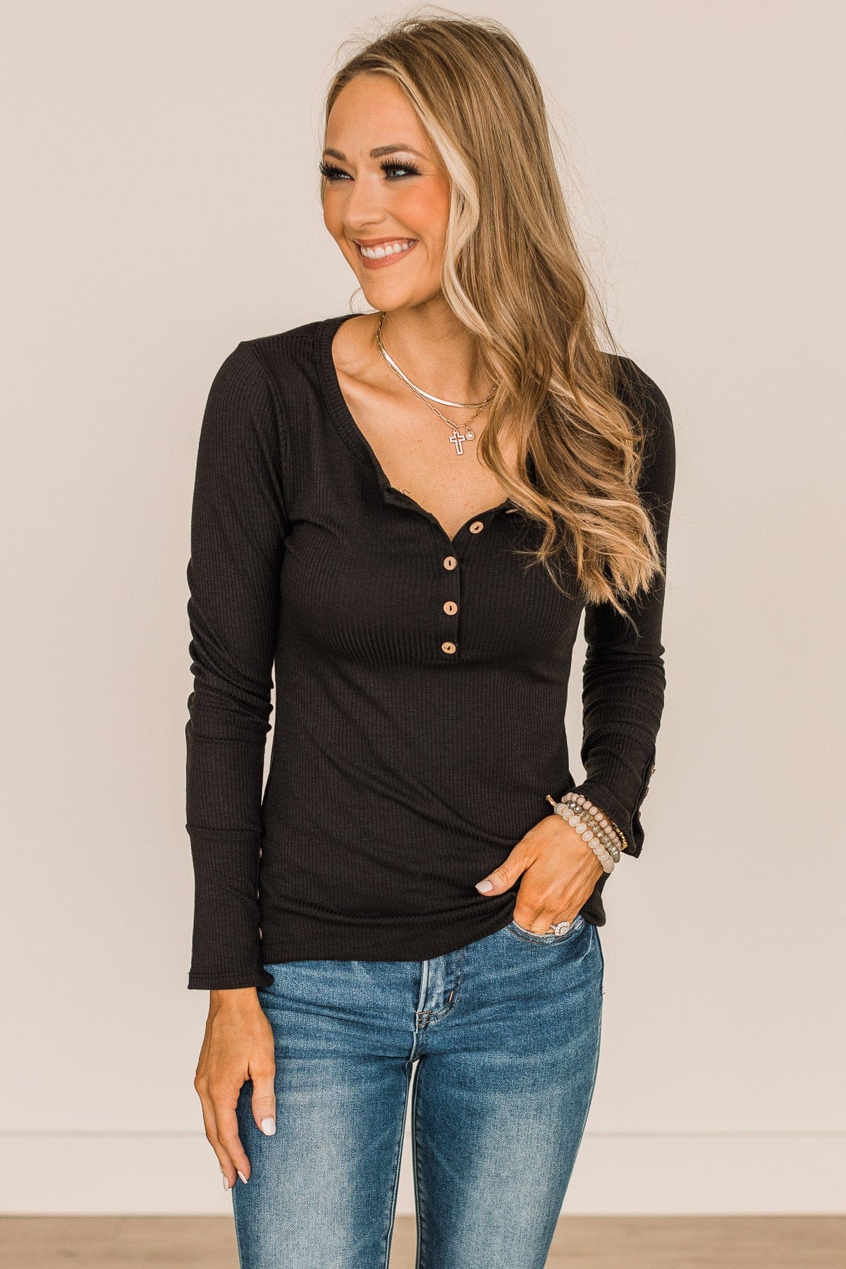 Give Your Best Long Sleeve Henley Top- Black - Image 3