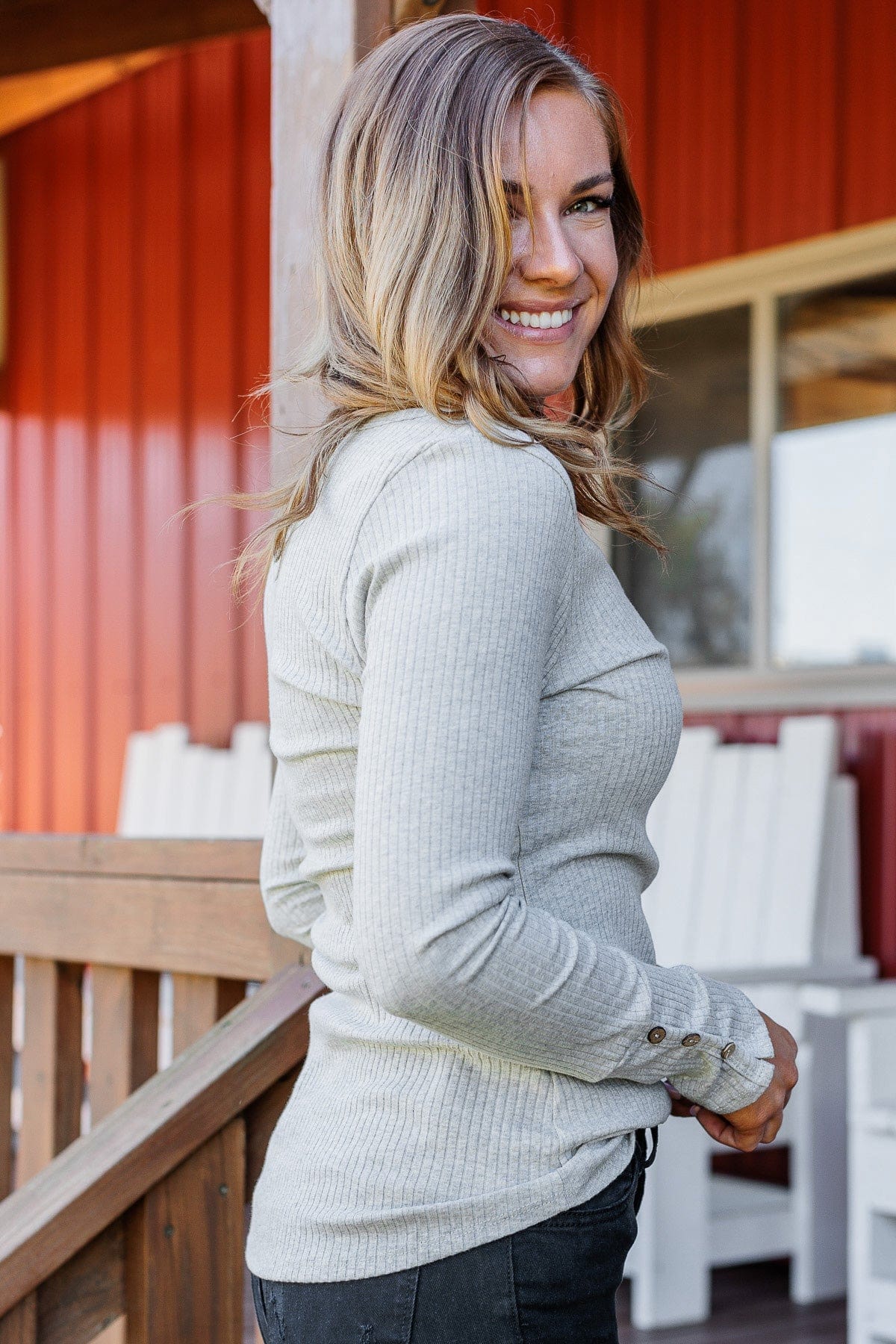 Give Your Best Long Sleeve Henley Top- Heather Grey - Image 10