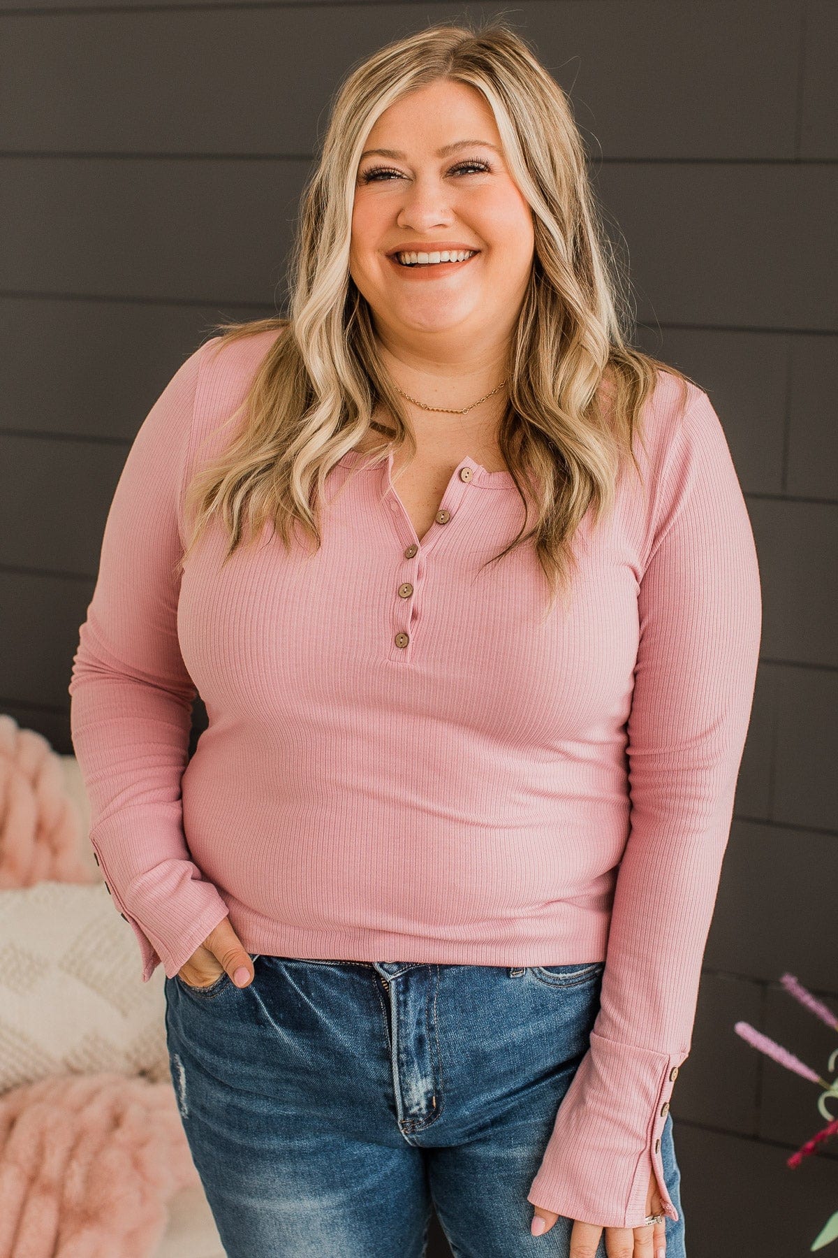 Give Your Best Long Sleeve Henley Top- Light Pink - Image 2