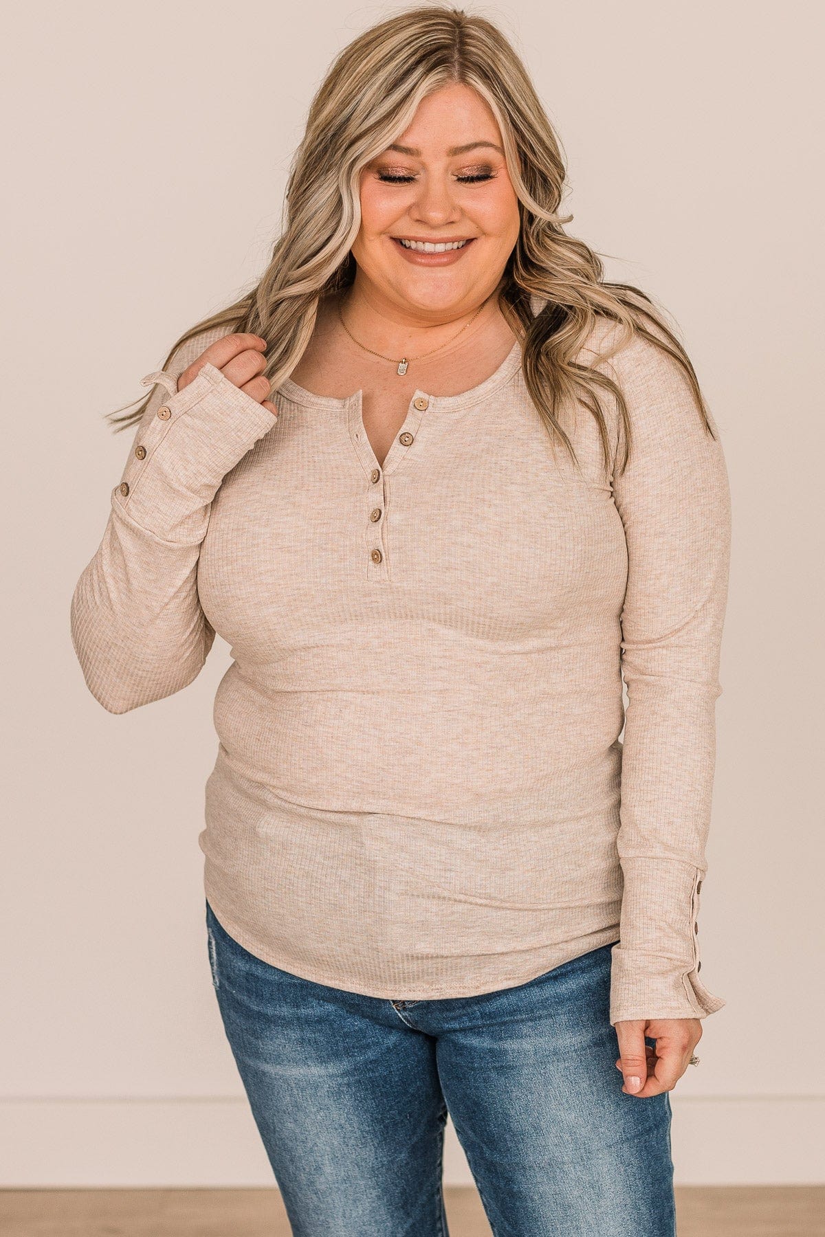 Give Your Best Long Sleeve Henley Top- Oatmeal - Image 3
